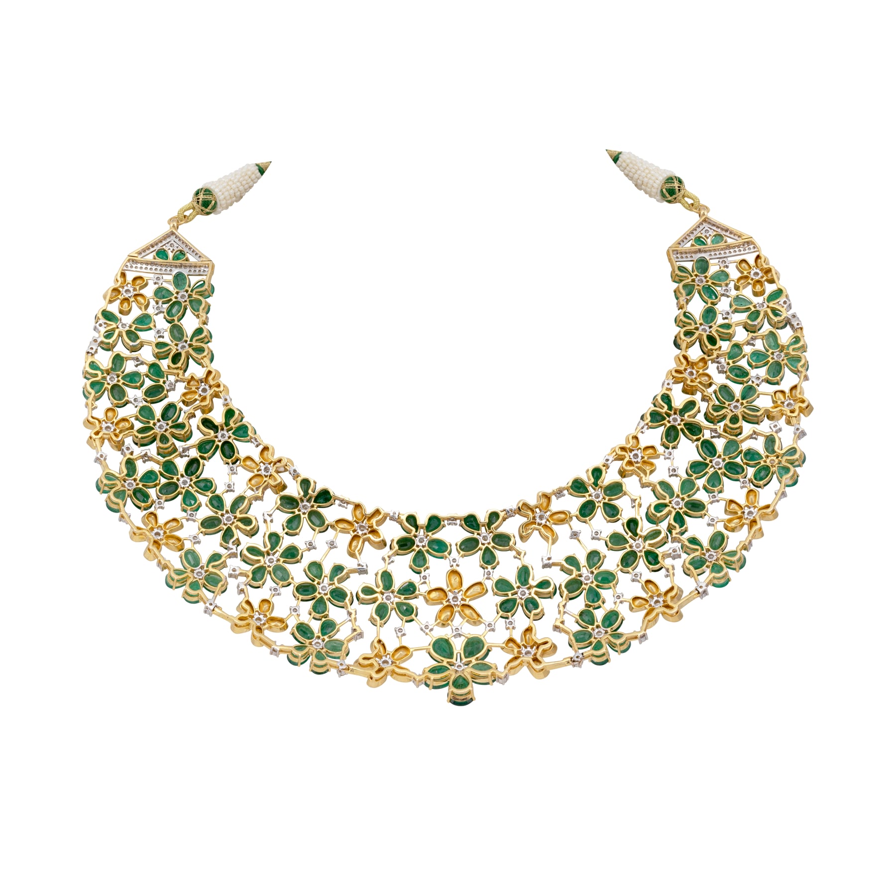 Floral Web Necklace with Emeralds and Polki Detailing