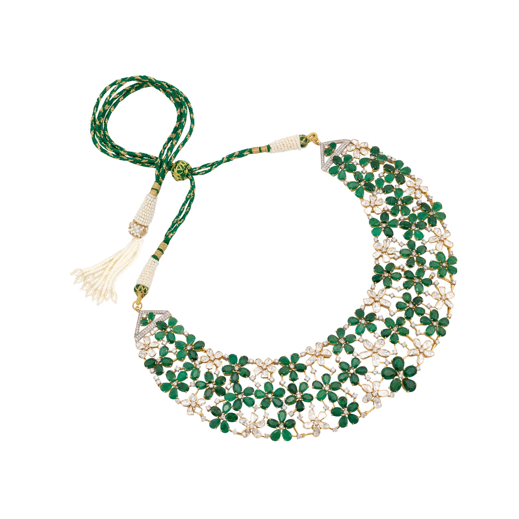 Floral Web Necklace with Emeralds and Polki Detailing