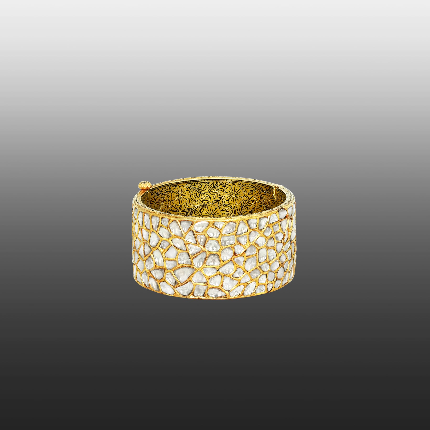Raw Polki Cluster Bangle with Floral Etched Inner Band