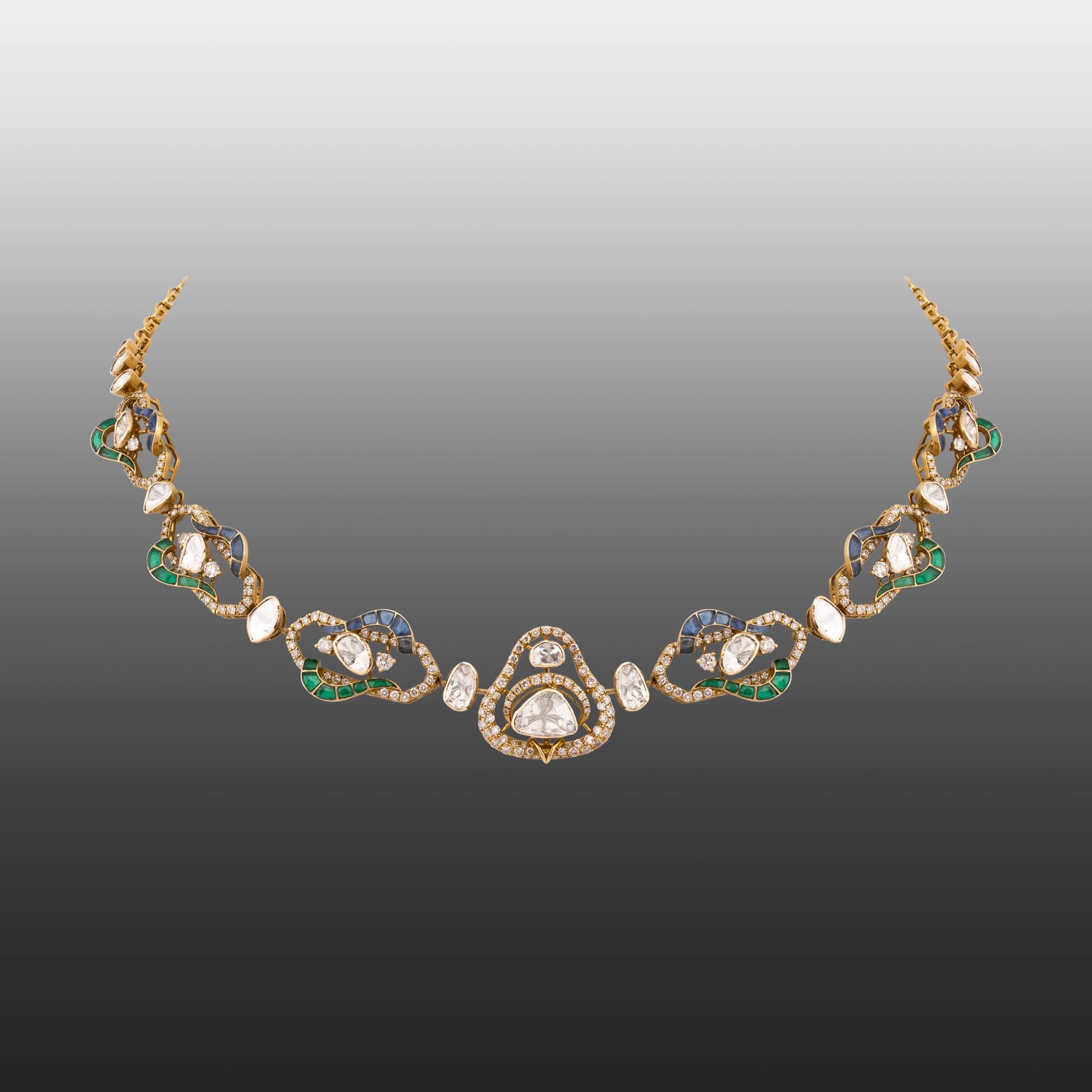 Polki Necklace with Blue-Green Talaf and Linked Motifs