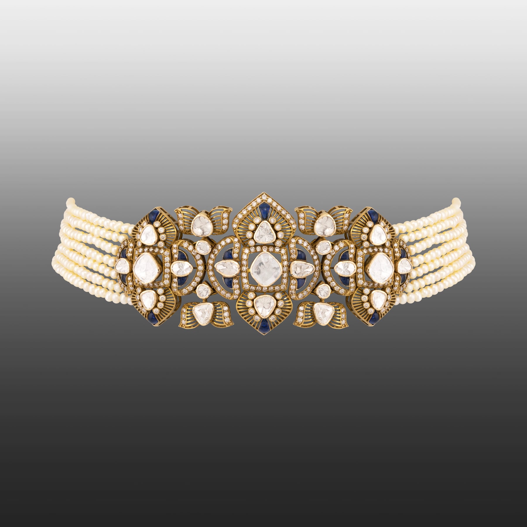 Antique Finish Choker with Blue Detail and Cheed Pearls