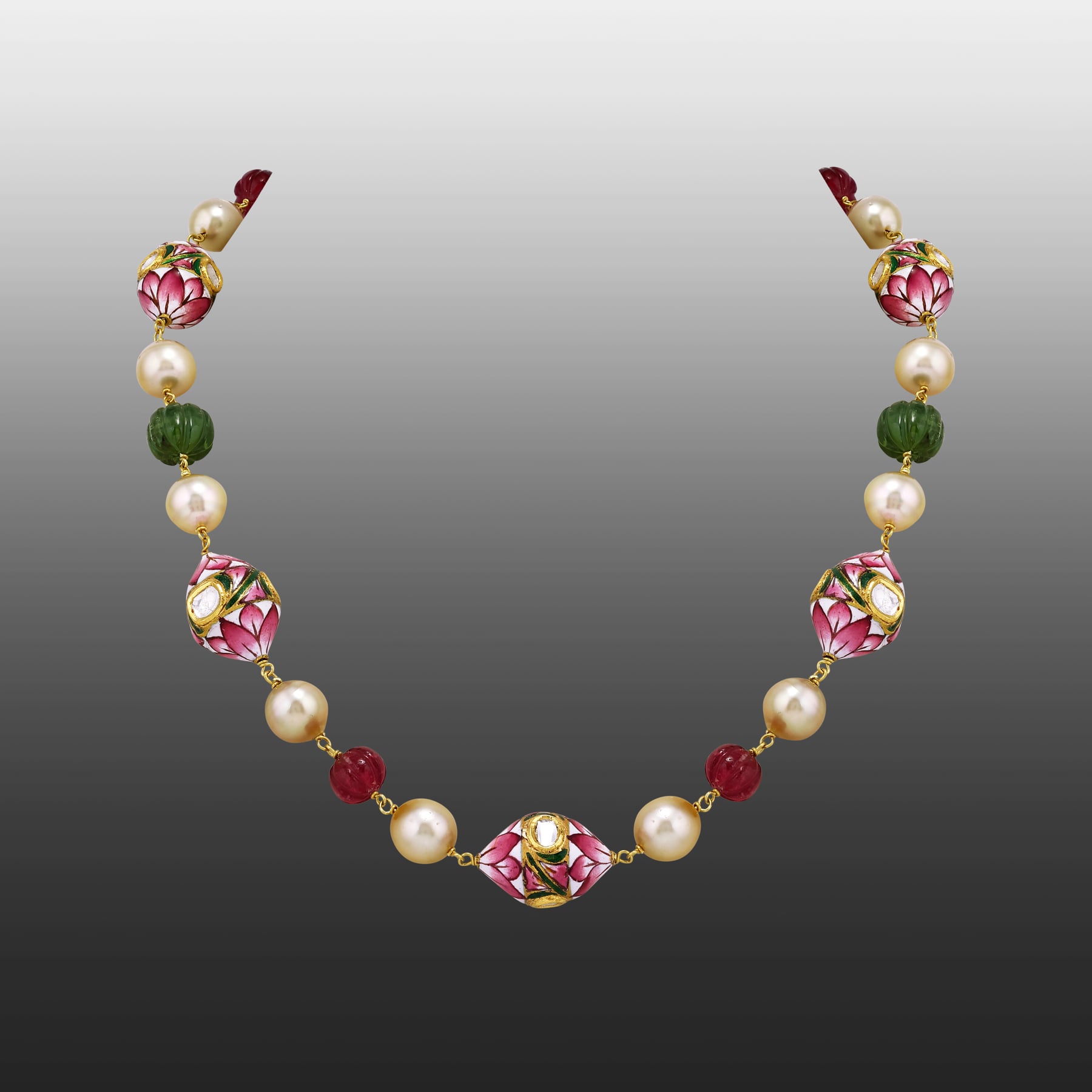 Lotus Enamel Necklace with Polki, Pearls and Carved Beads