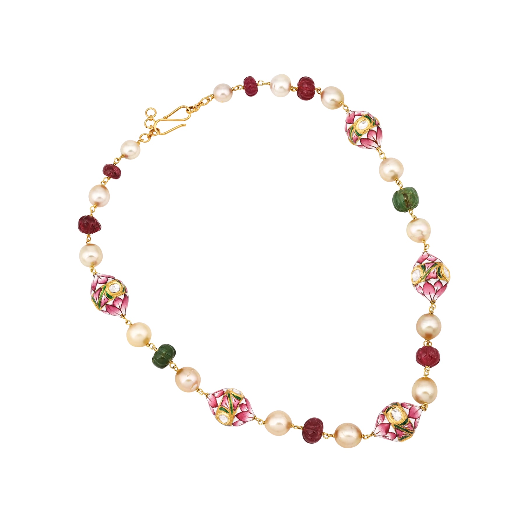 Lotus Enamel Necklace with Polki, Pearls and Carved Beads