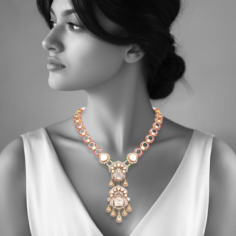 Double Polki Pendant Necklace with Ruby-Emerald Talaf