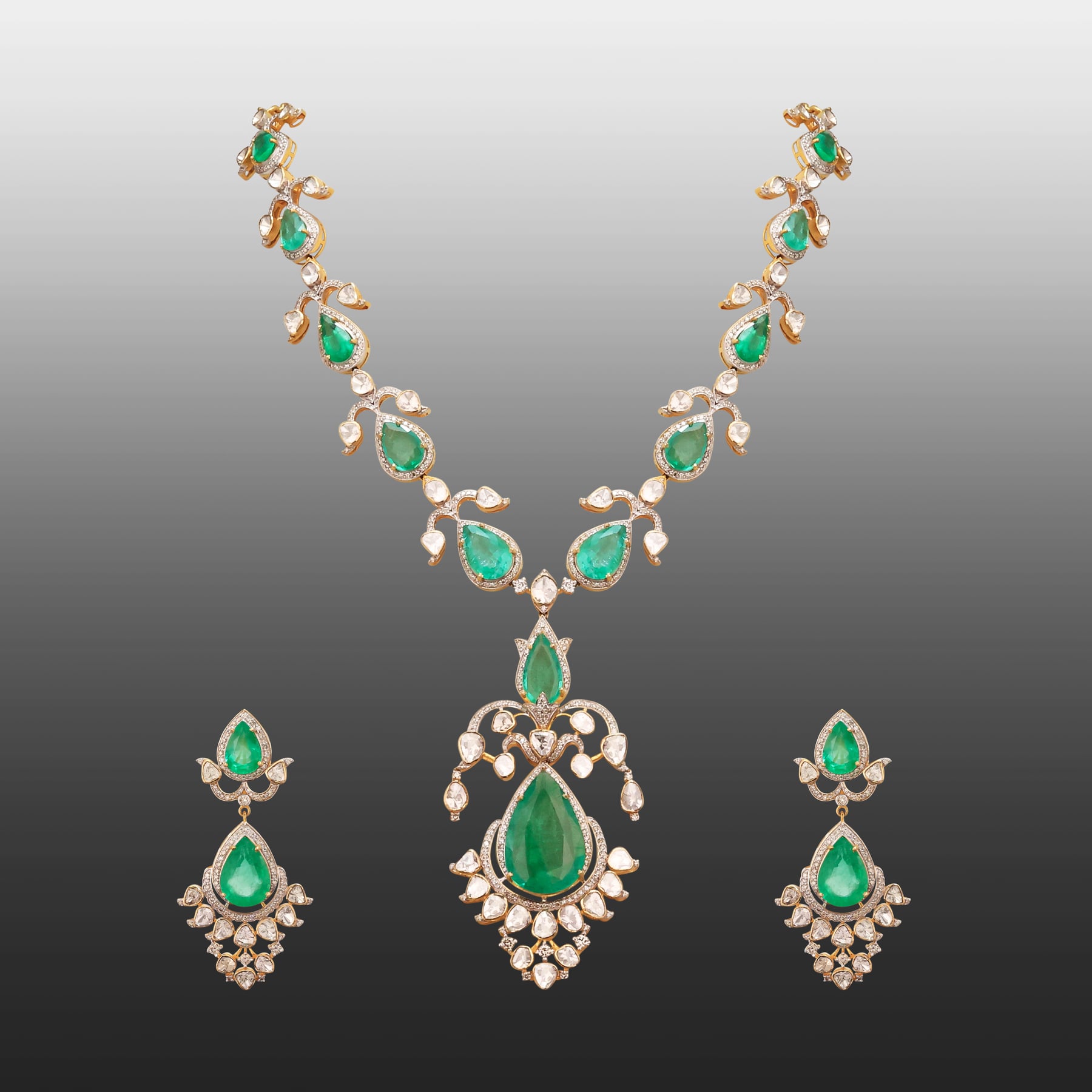 Pear Emerald Necklace Set with Diamond and Polki Detailing