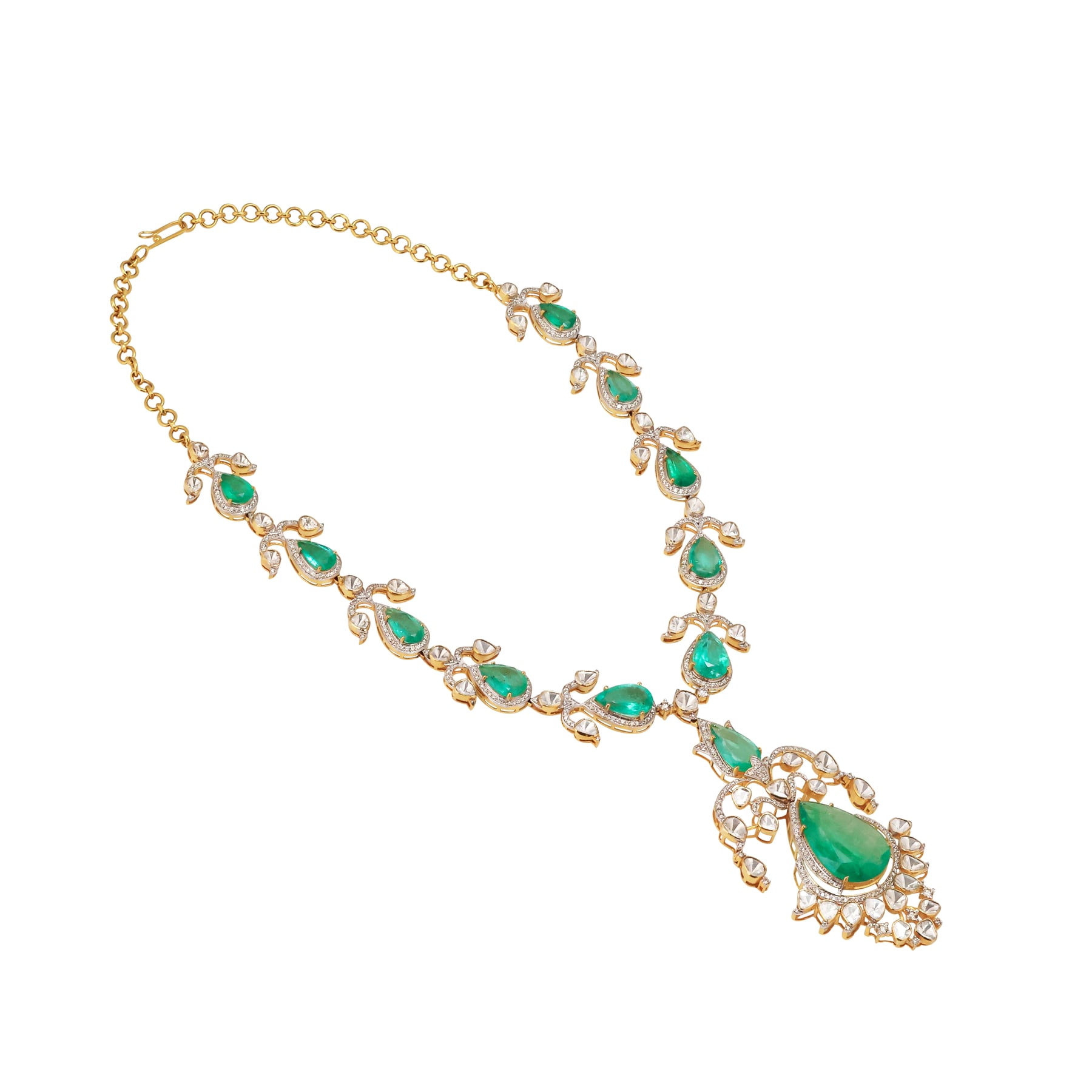 Pear Emerald Necklace Set with Diamond and Polki Detailing