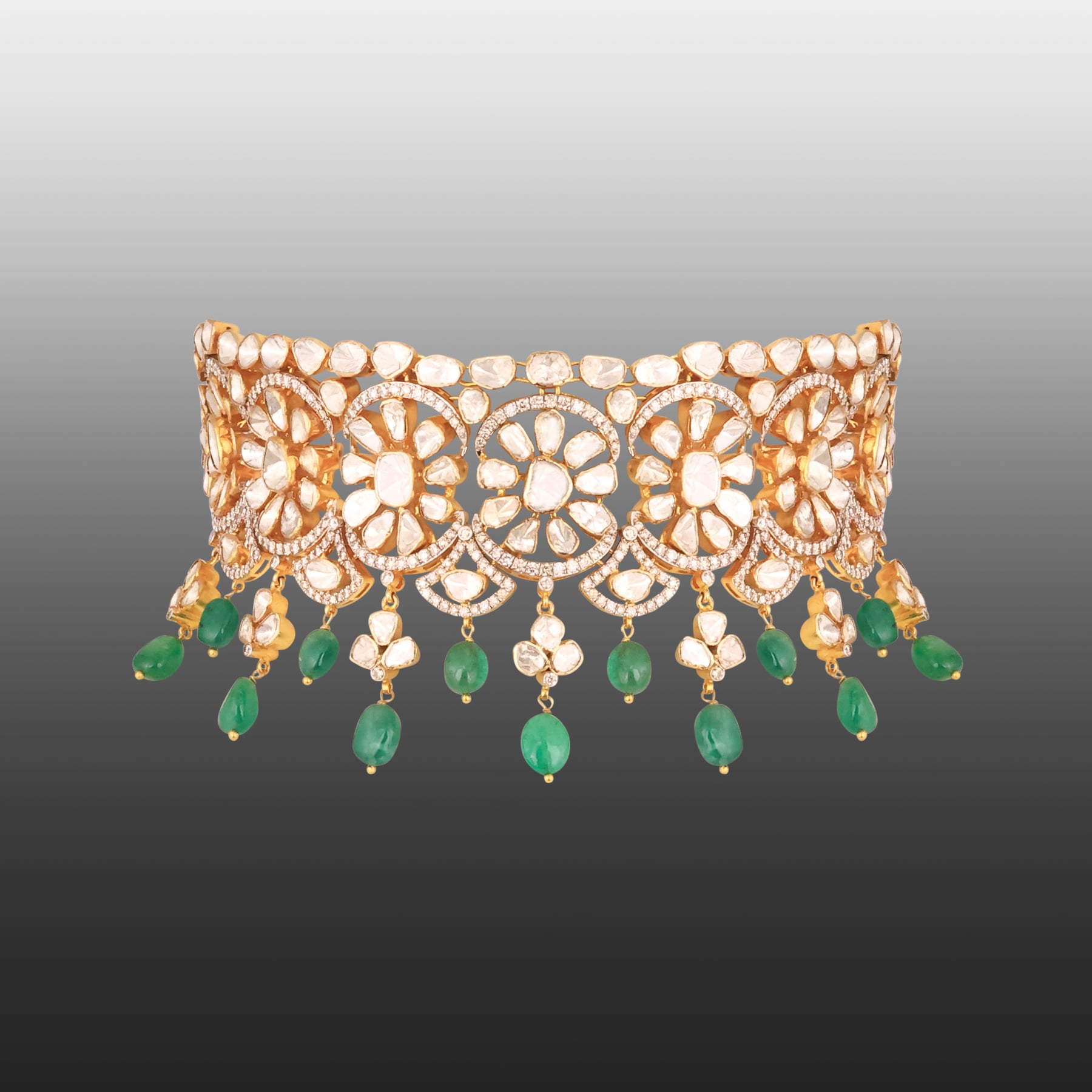 Floral Polki Choker with Emerald Beads