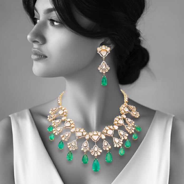 Faceted Emerald and Open Polki Bridal Necklace