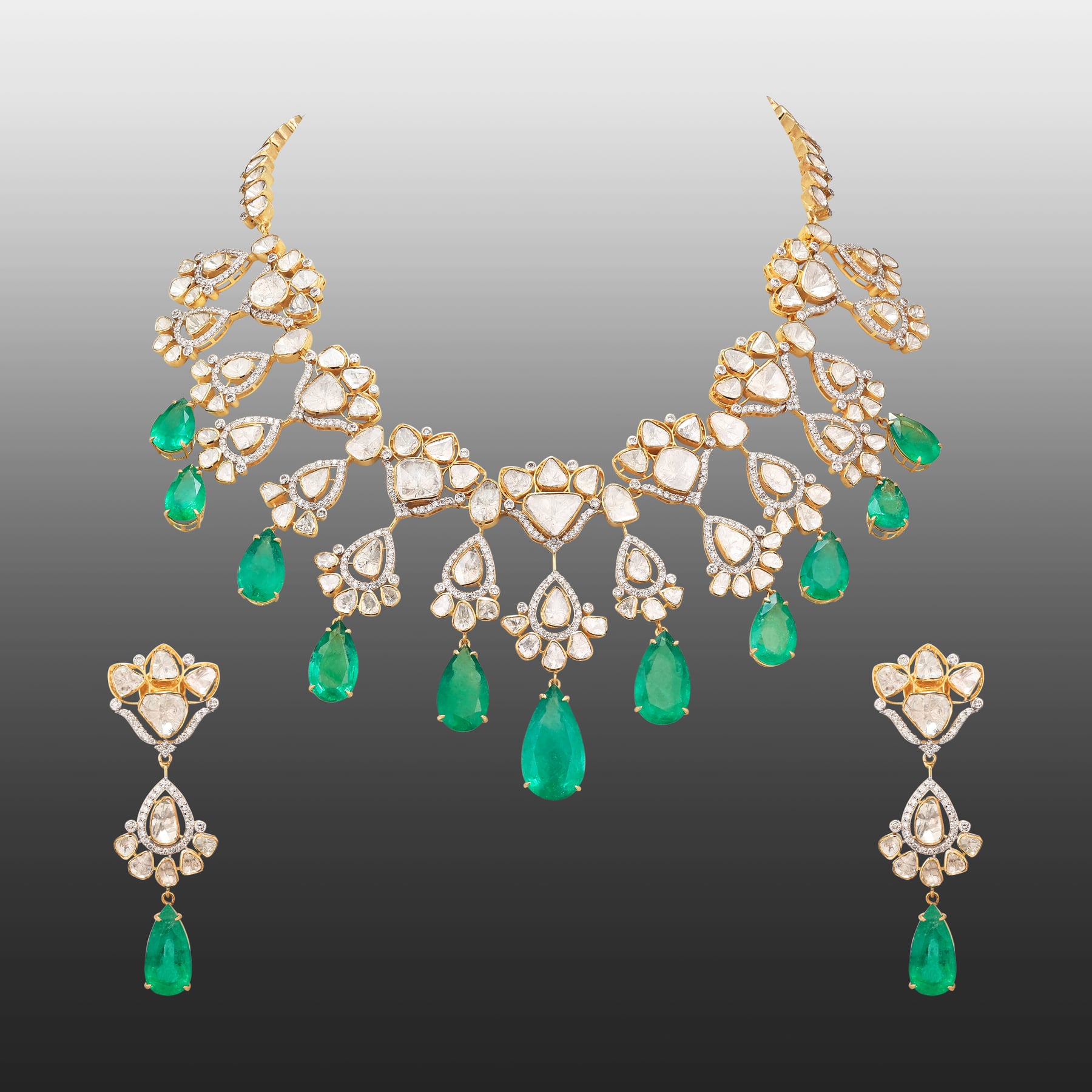 Faceted Emerald and Open Polki Bridal Necklace