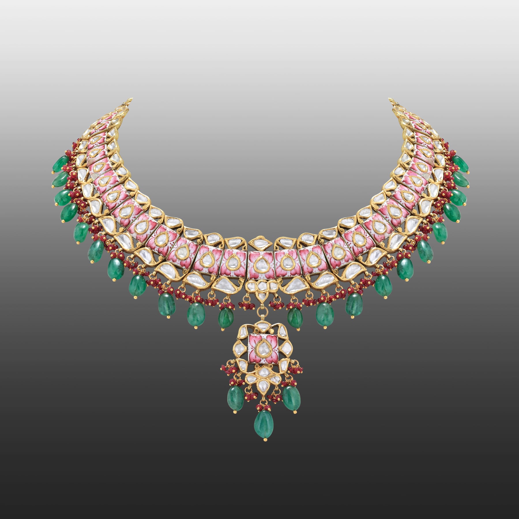 Pink Floral Polki Necklace with Emerald Maniya and Red Beads