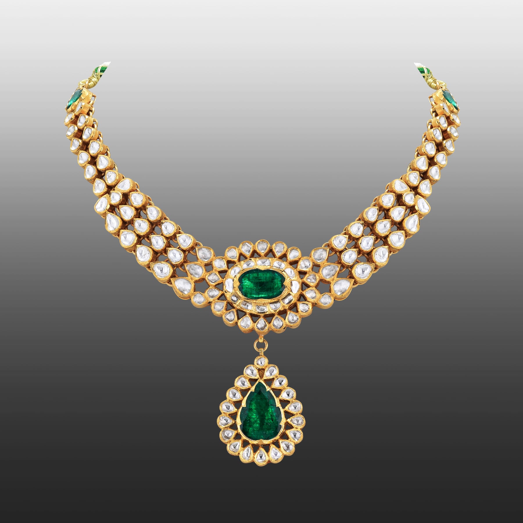 Pear Polki Necklace with Emerald Drop
