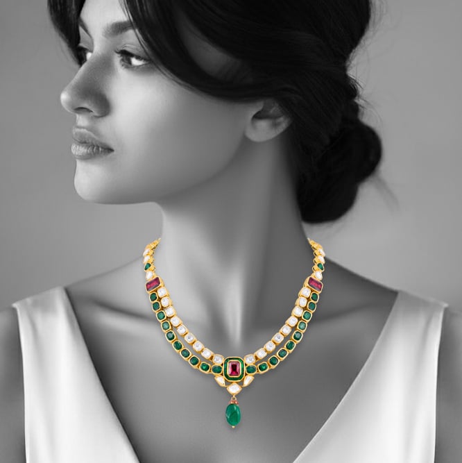 Two-Row Polki Necklace with Tourmaline Center