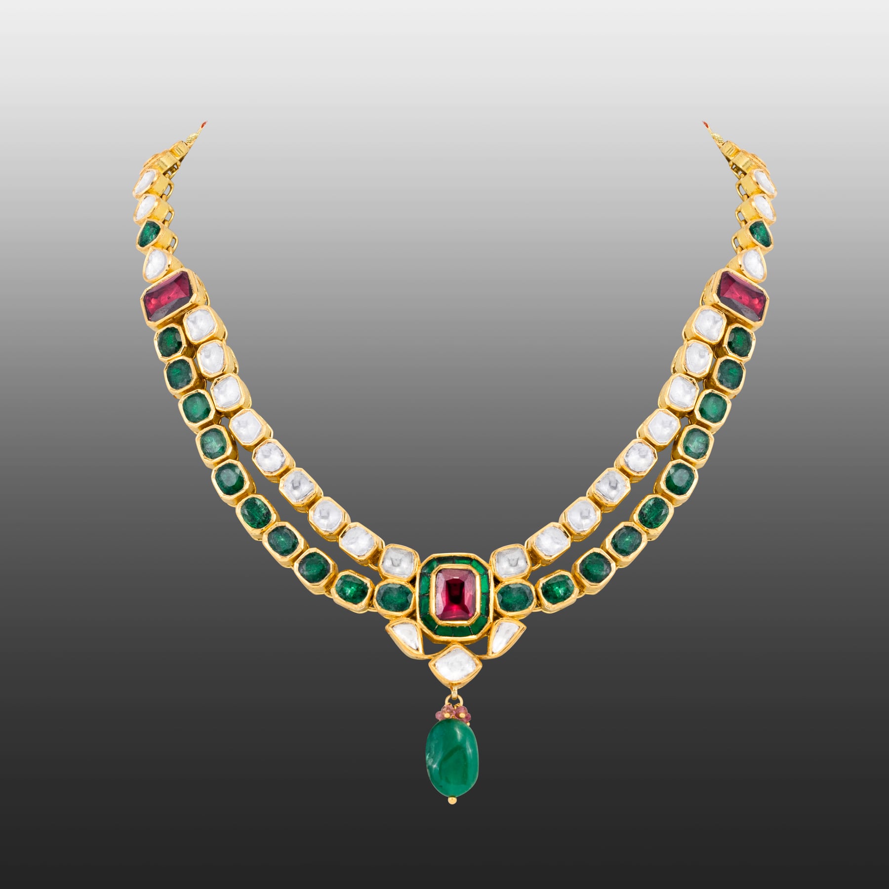 Two-Row Polki Necklace with Tourmaline Center