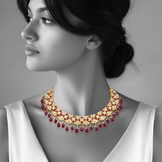 Ruby Guluband Necklace with Polki Cluster