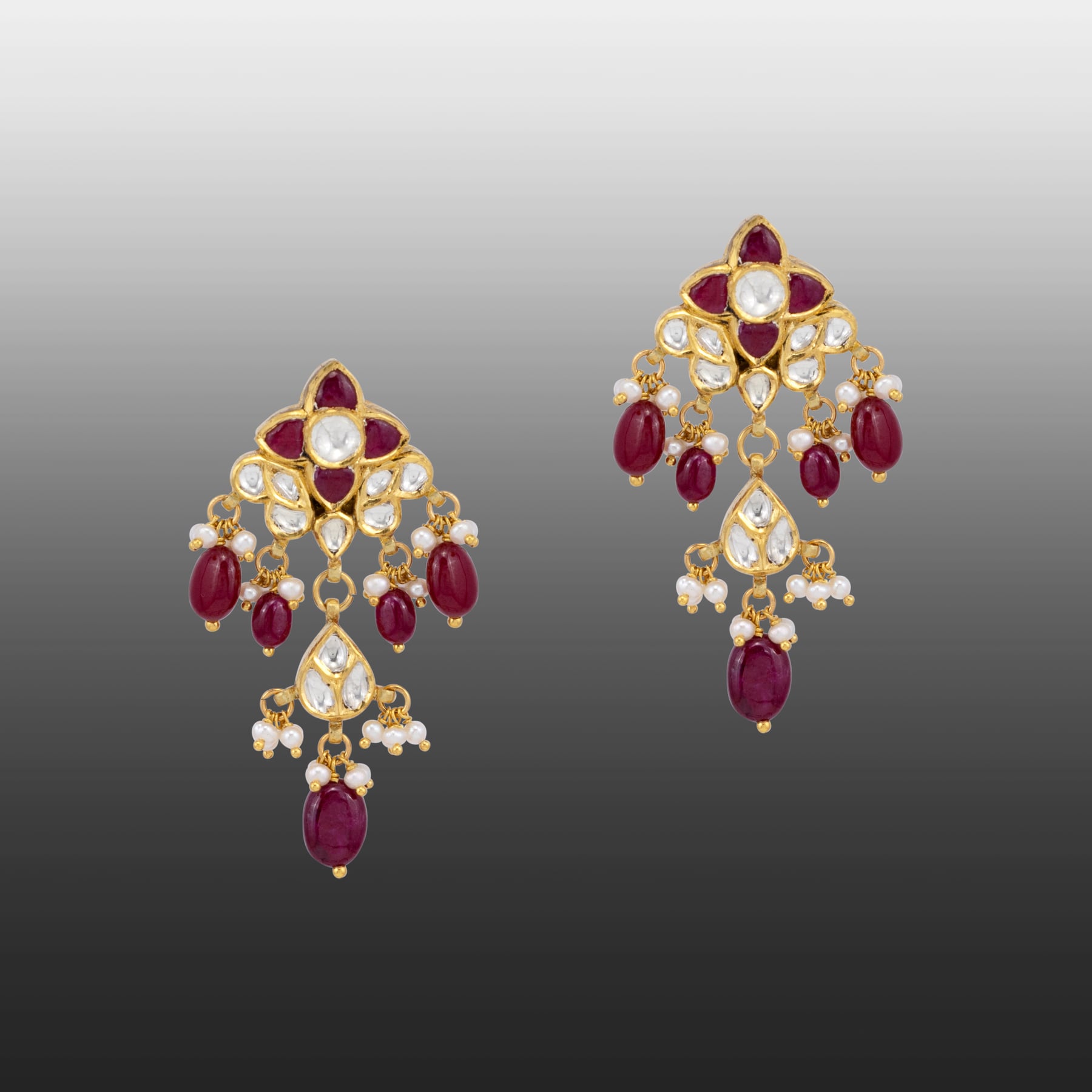 Cascading Ruby and Polki Floral Drop Earrings