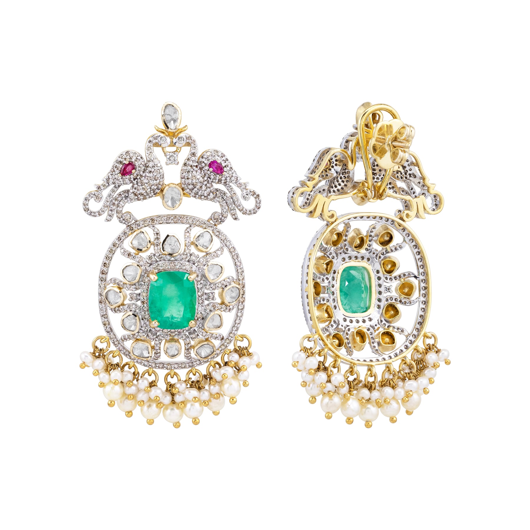 Emerald Cutstone Earrings with Twin Peacock