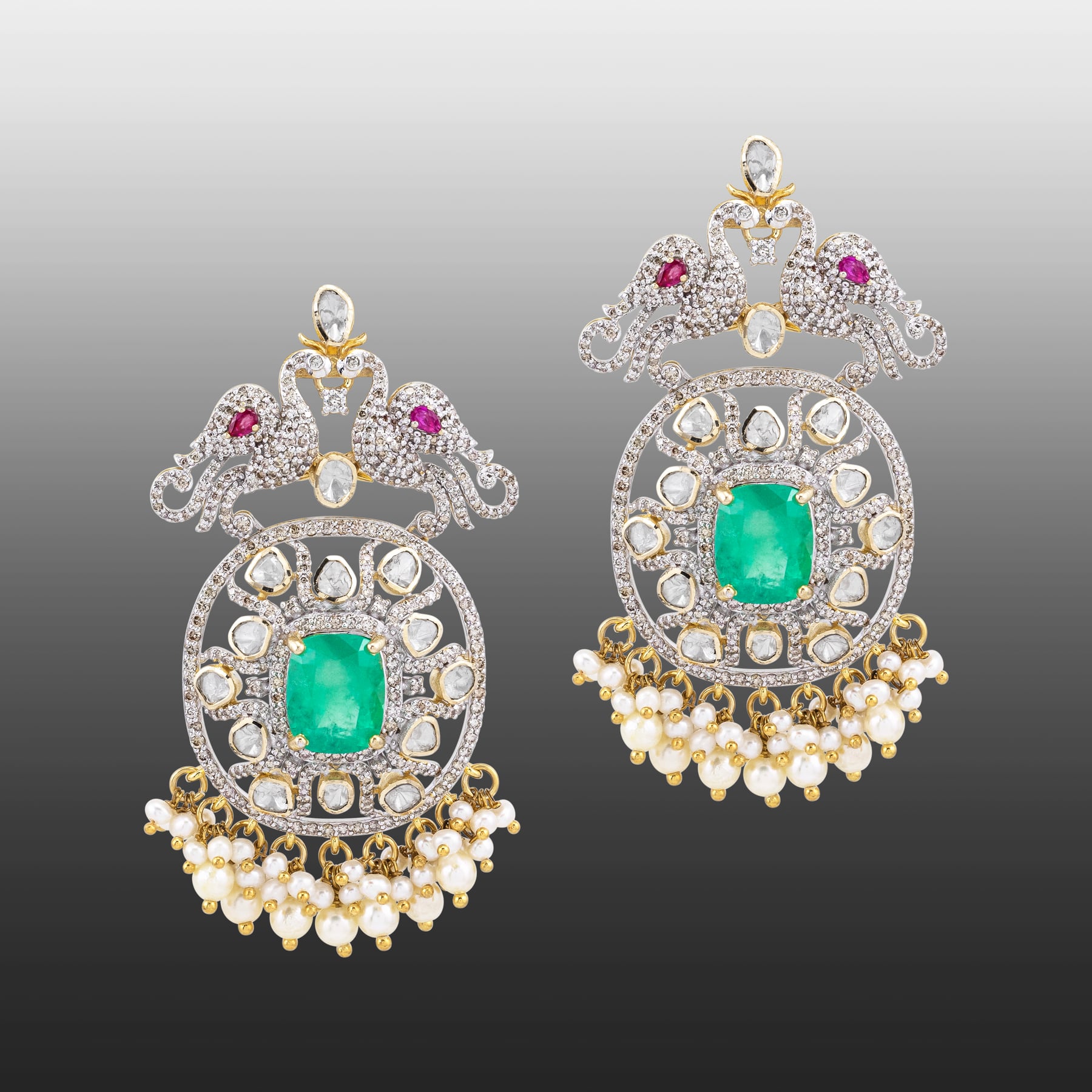 Emerald Cutstone Earrings with Twin Peacock