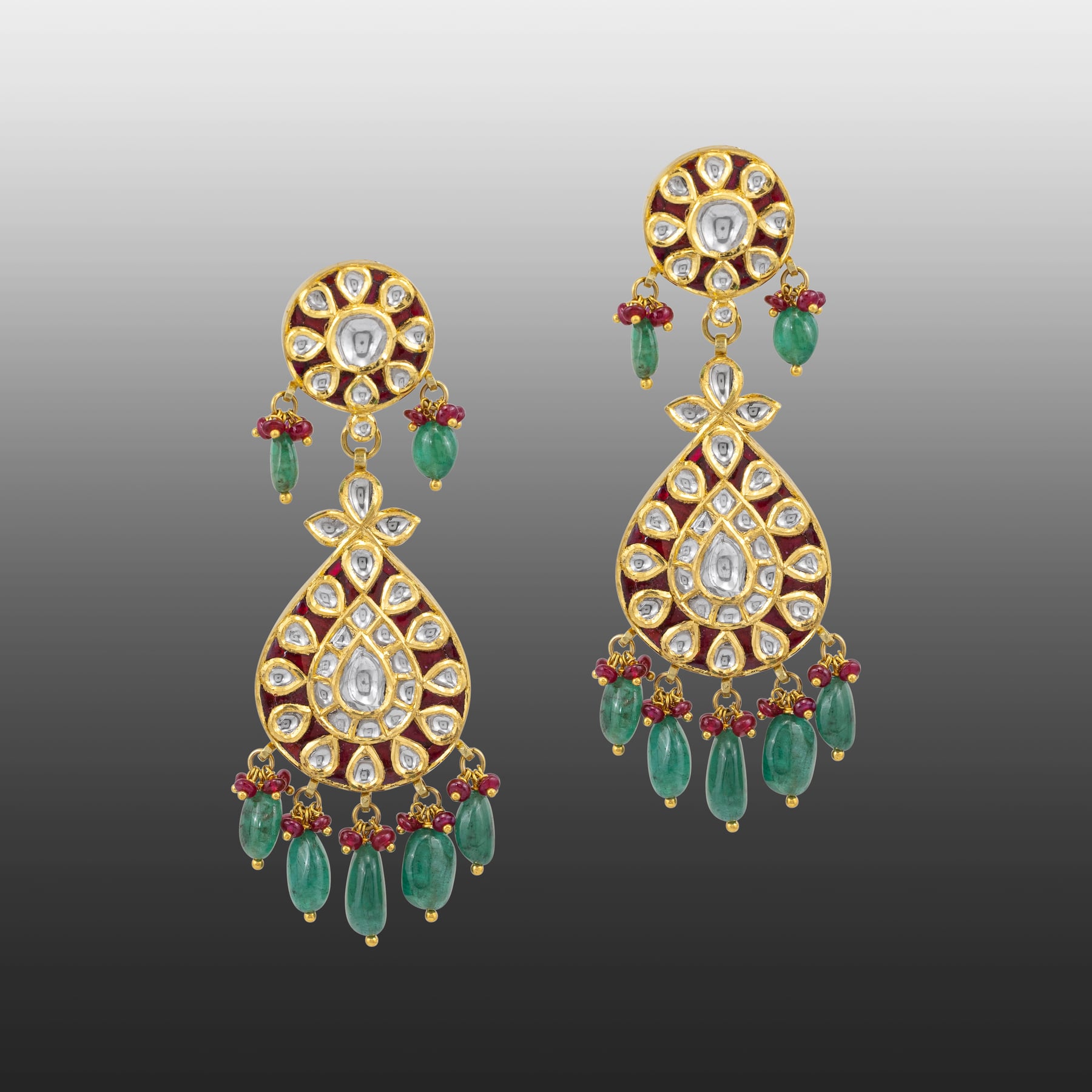 Teardrop Polki Earrings with Emerald Beads