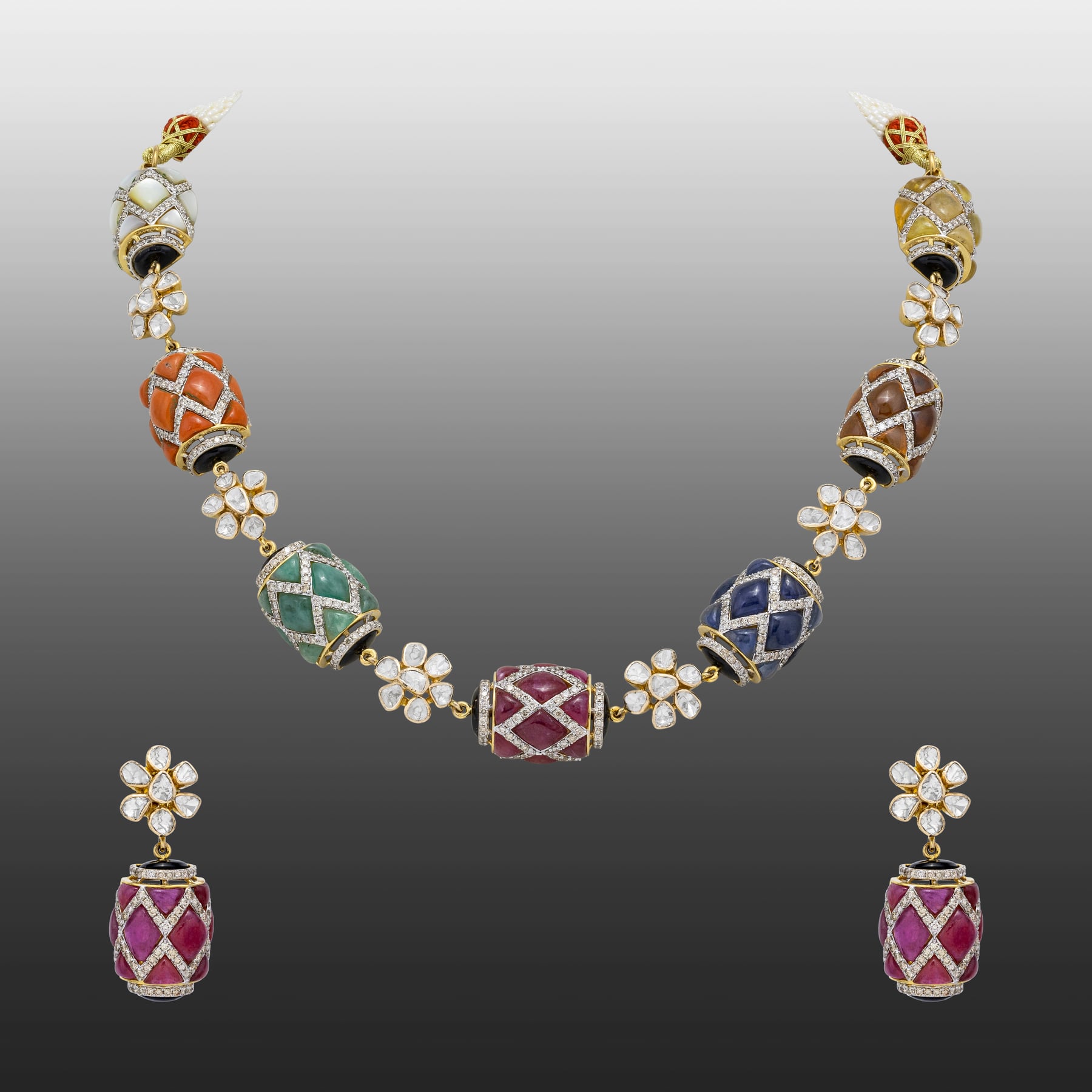 Navratna Bead Necklace with Floral Accents