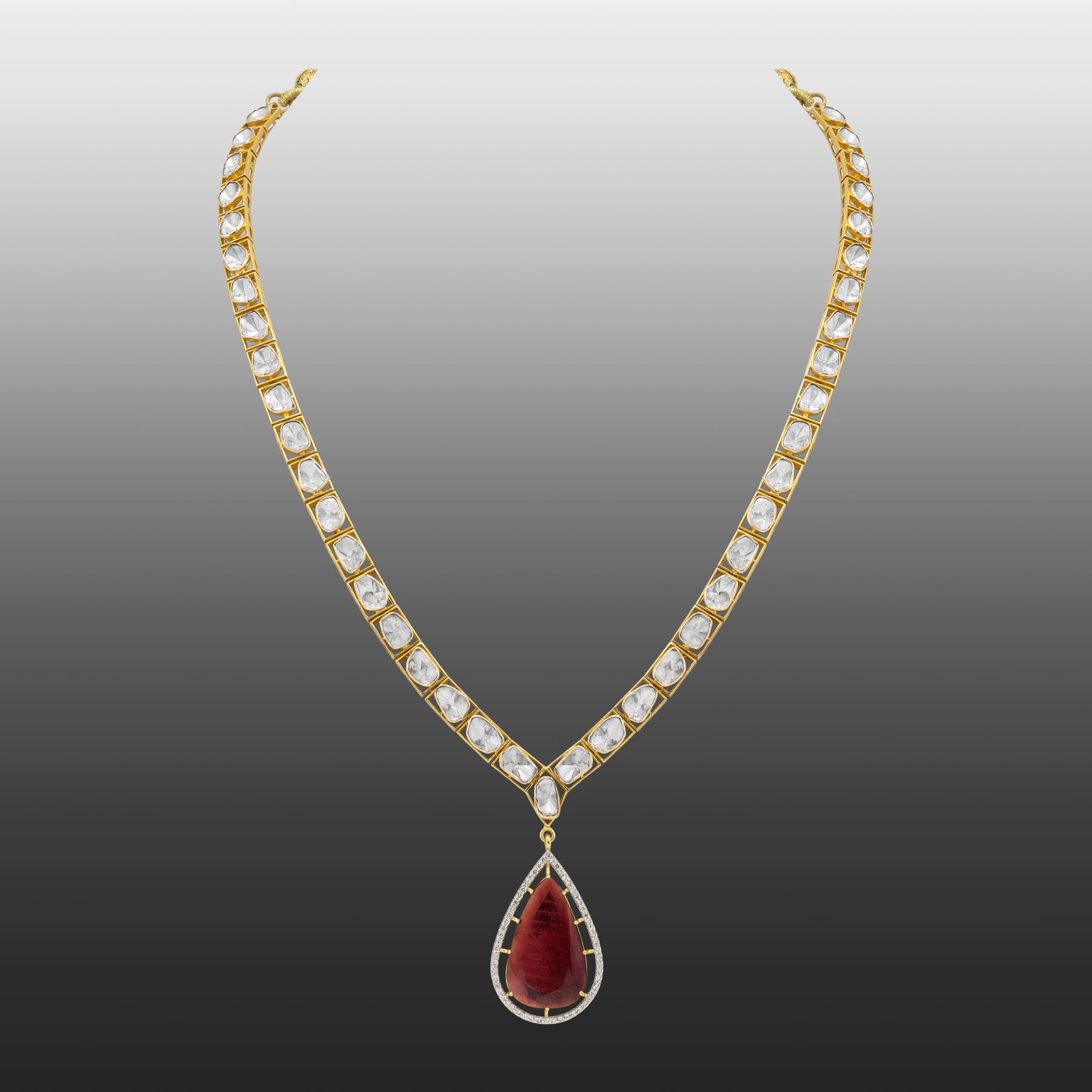 Single-Line Polki Necklace with Tourmaline Drop