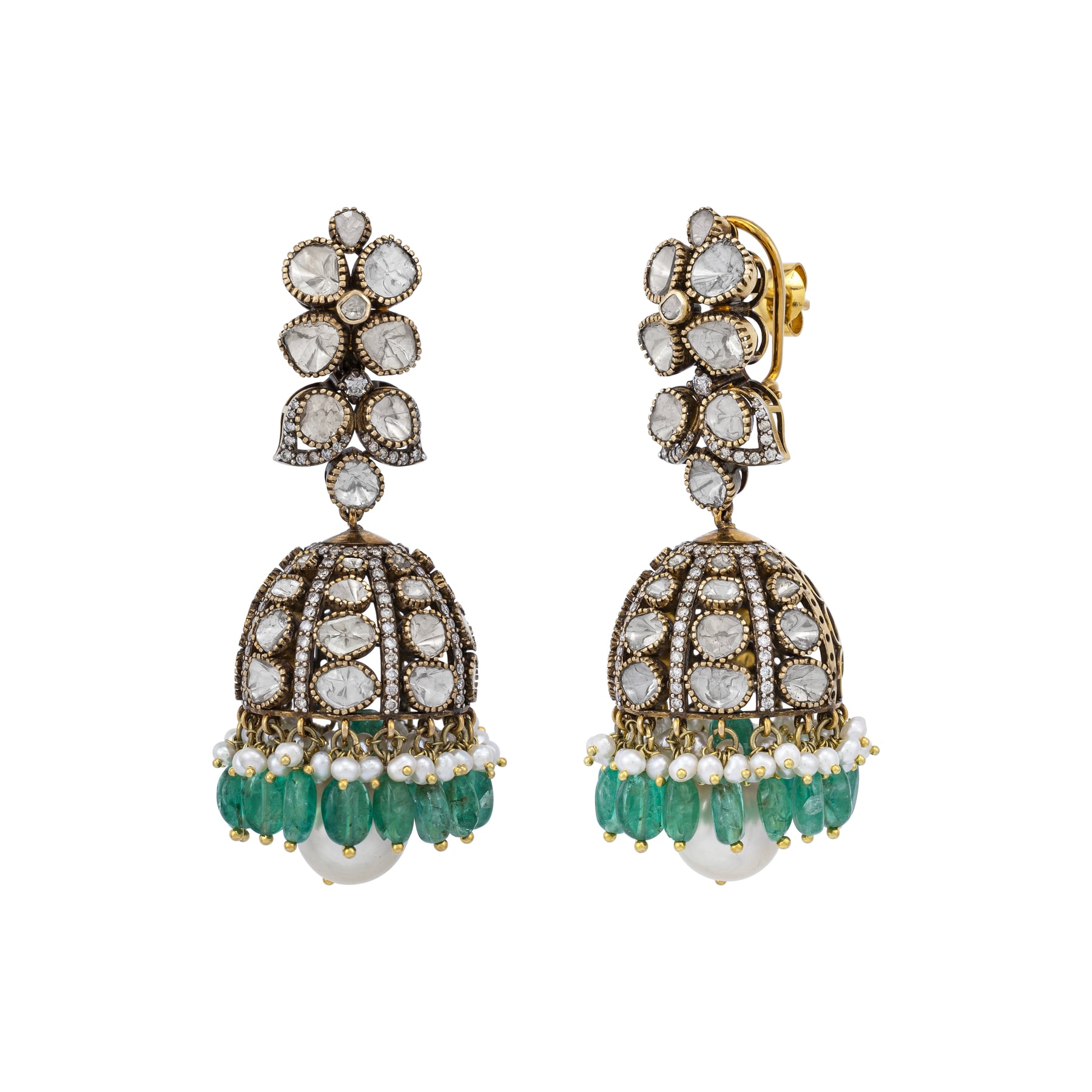 Polki and Emerald Bead Jhumkas