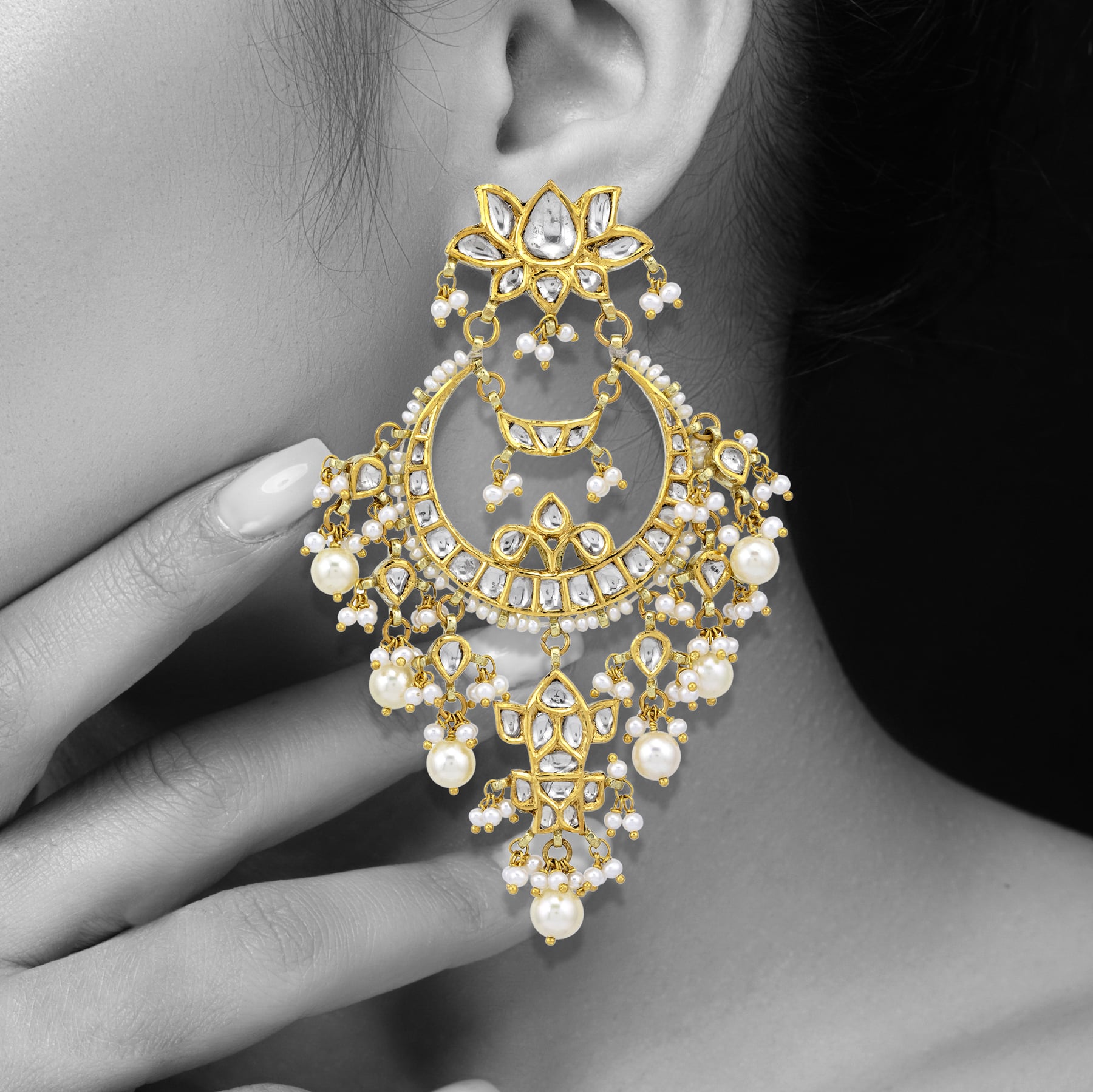 Pearl Drop Danglers with Polki