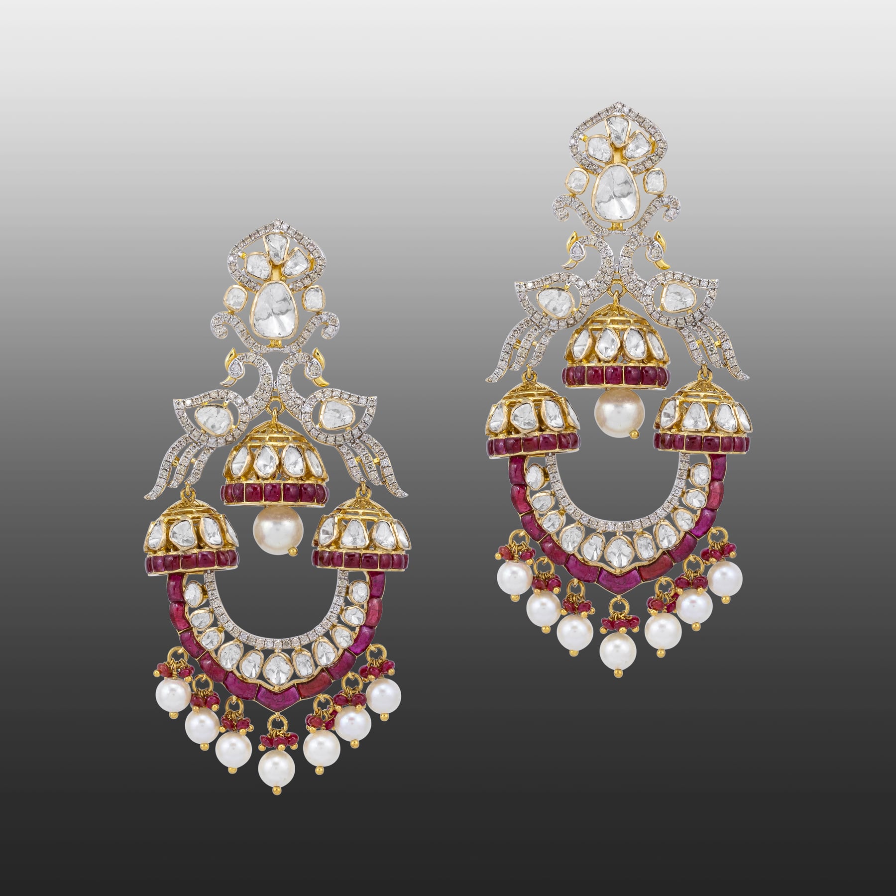 Ruby Bead and Pearl Danglers with Polki