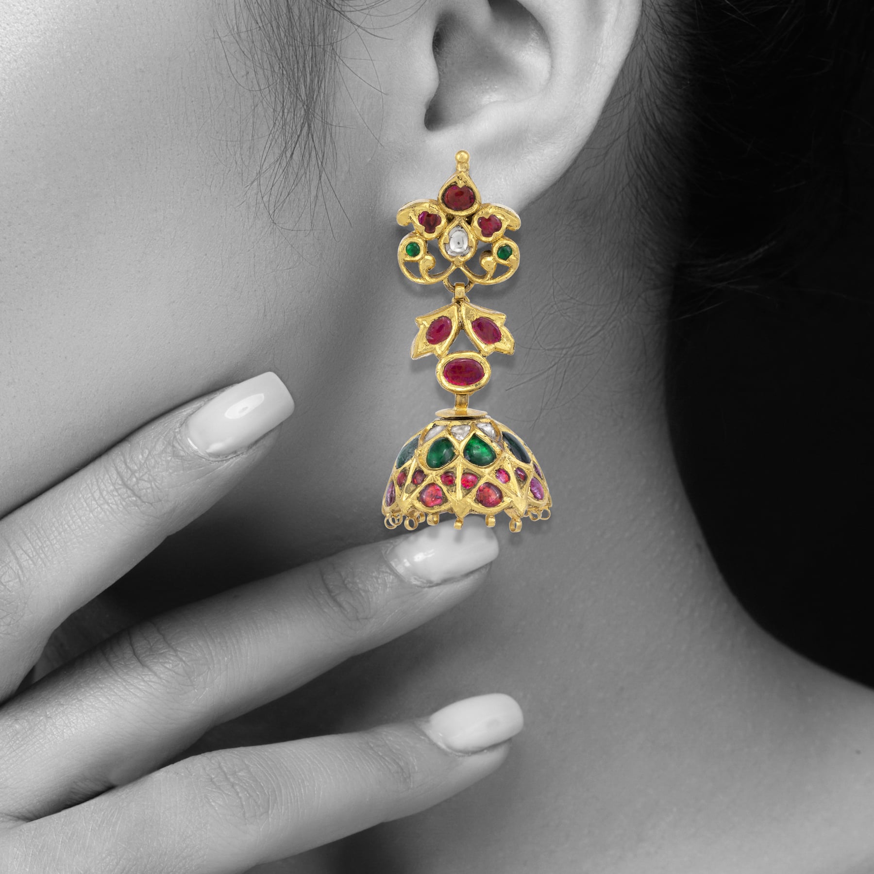 Yellow Gold Jhumkas with Emerald and Ruby