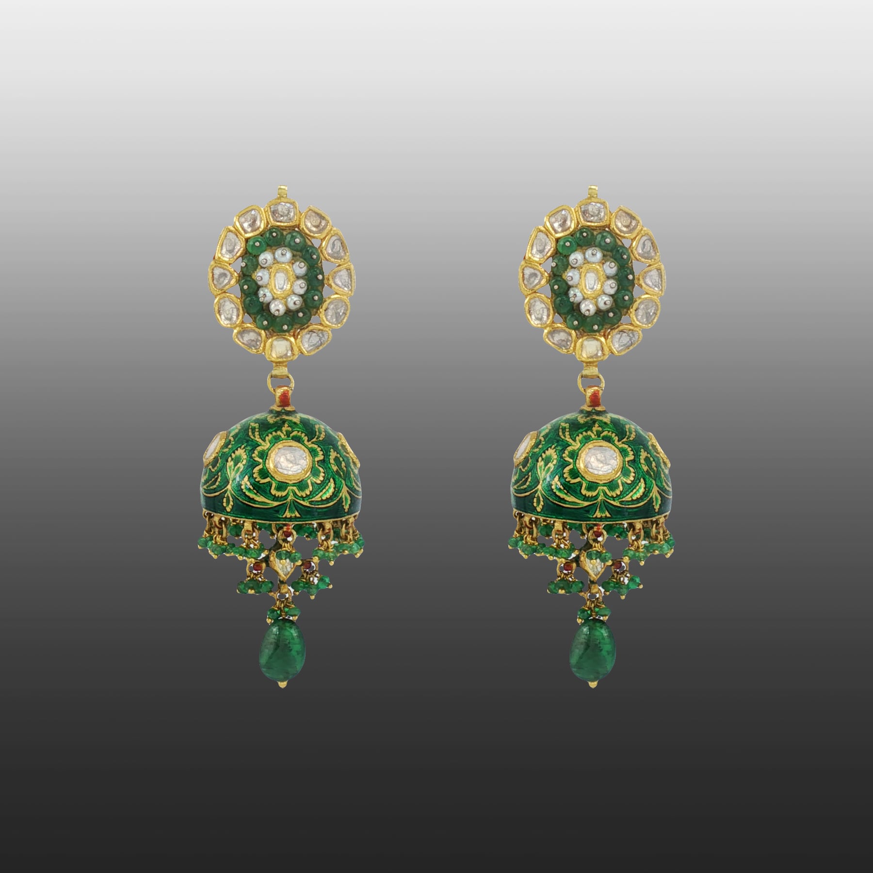 Emerald Bead Jhumkas with Polki Detailing