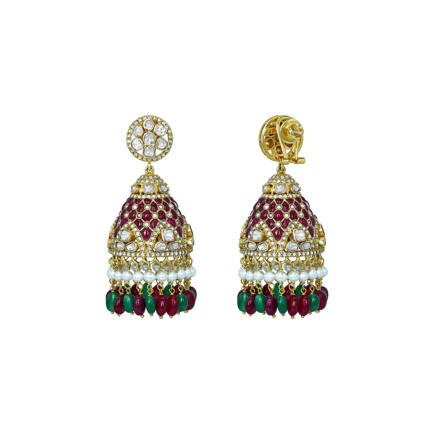 Ruby and Emerald Jhumkas with Polki Studs