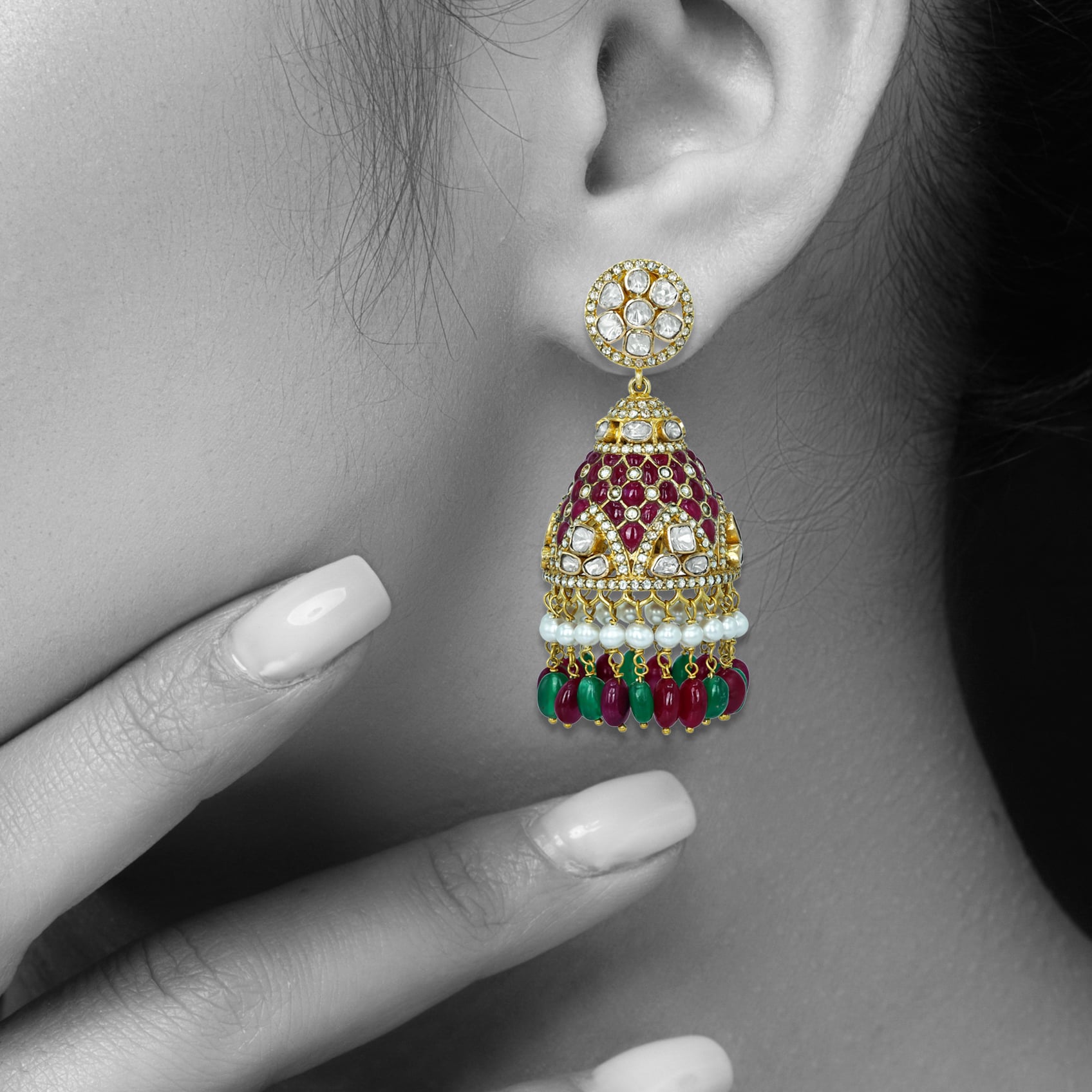 Ruby and Emerald Jhumkas with Polki Studs