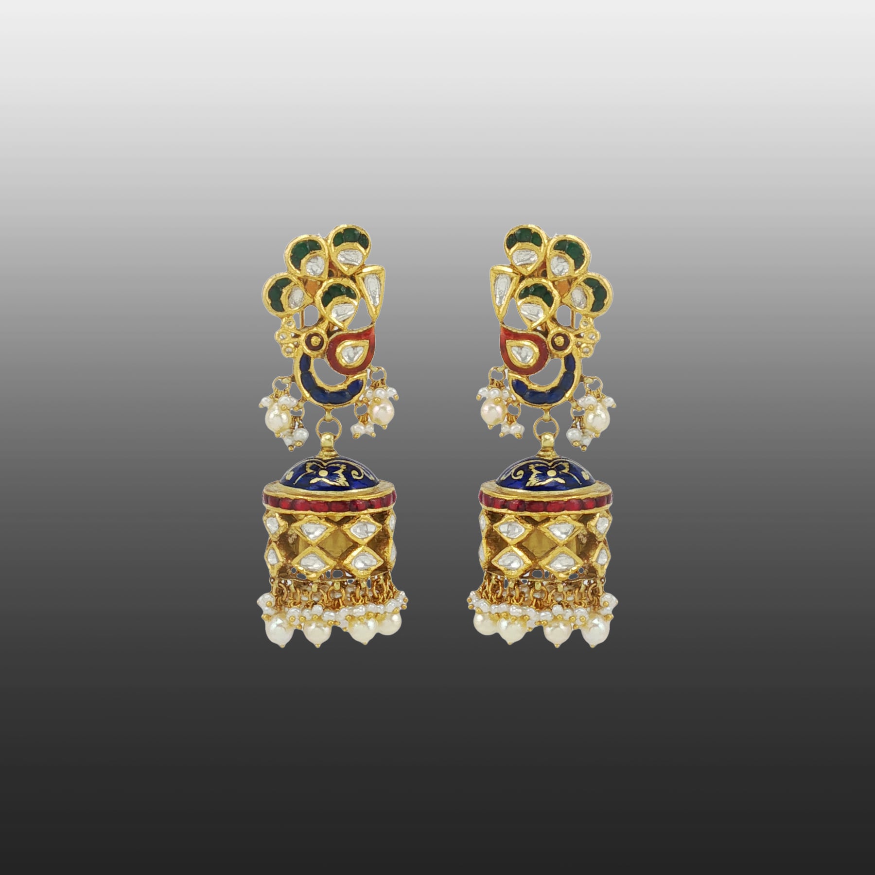 Enamel Polki Jhumkas with Pearls