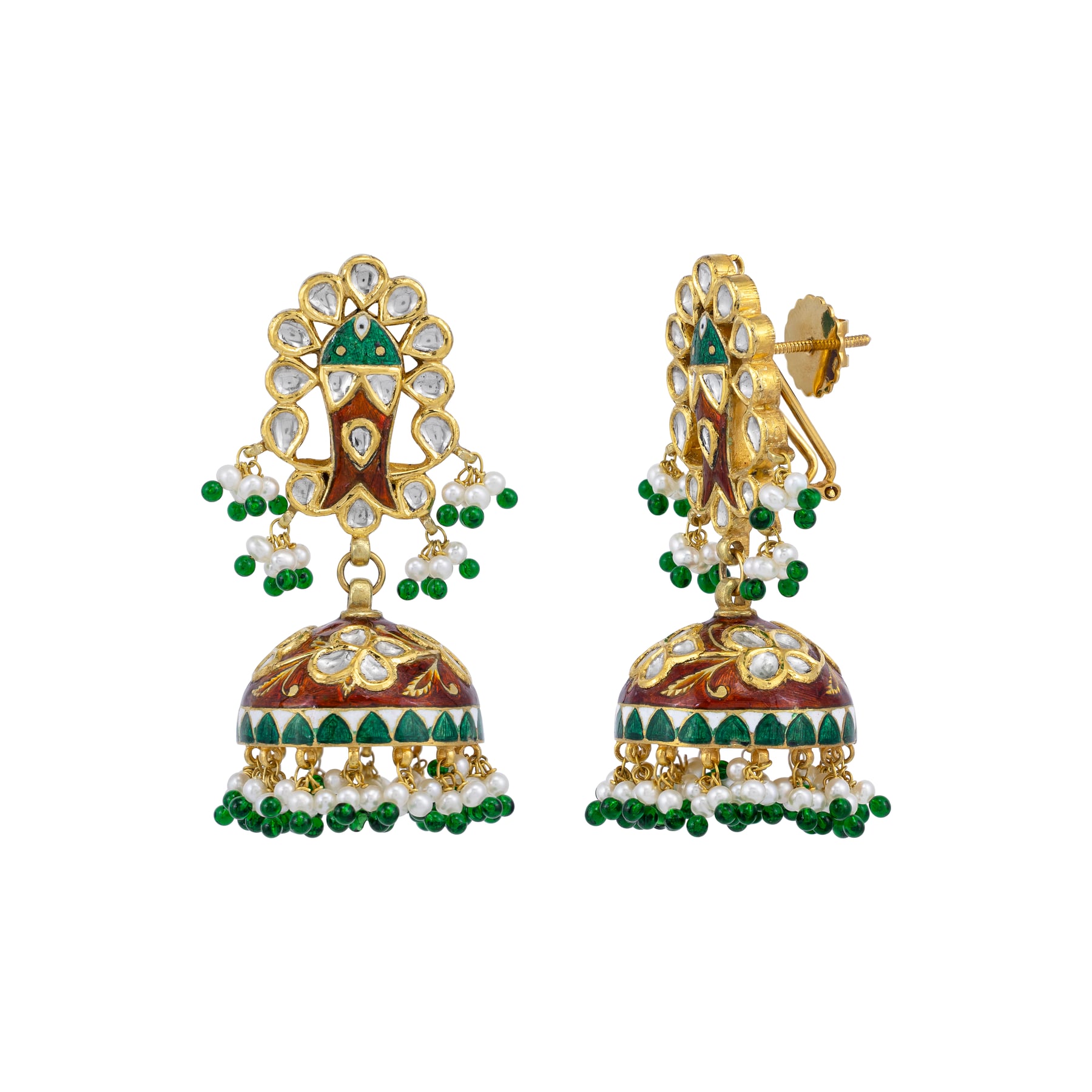 Floral Polki Jhumkas with Pearl fringe