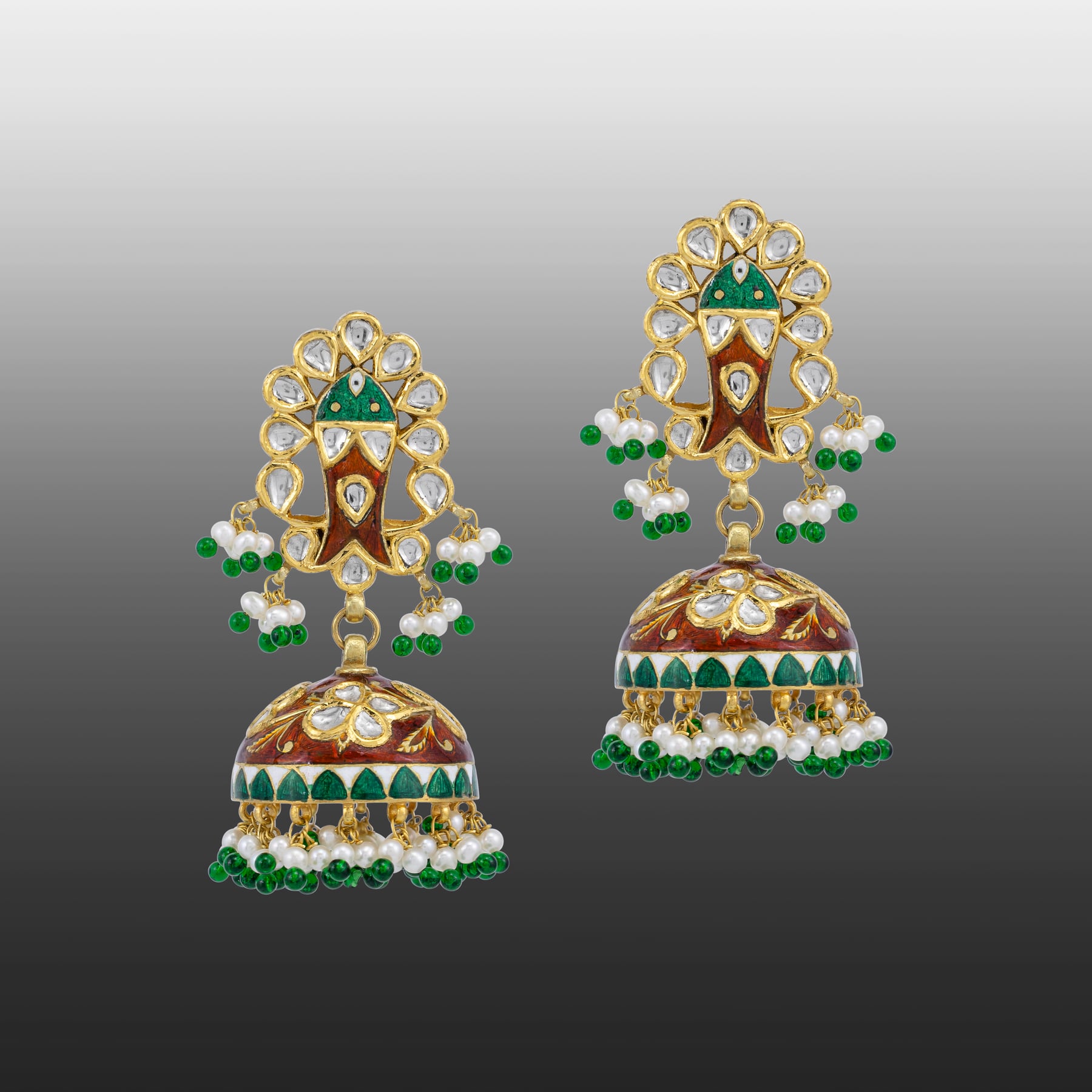Floral Polki Jhumkas with Pearl fringe