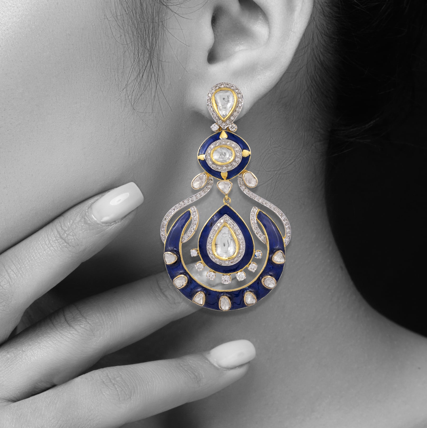 Deep Blue Enamel Polki Danglers