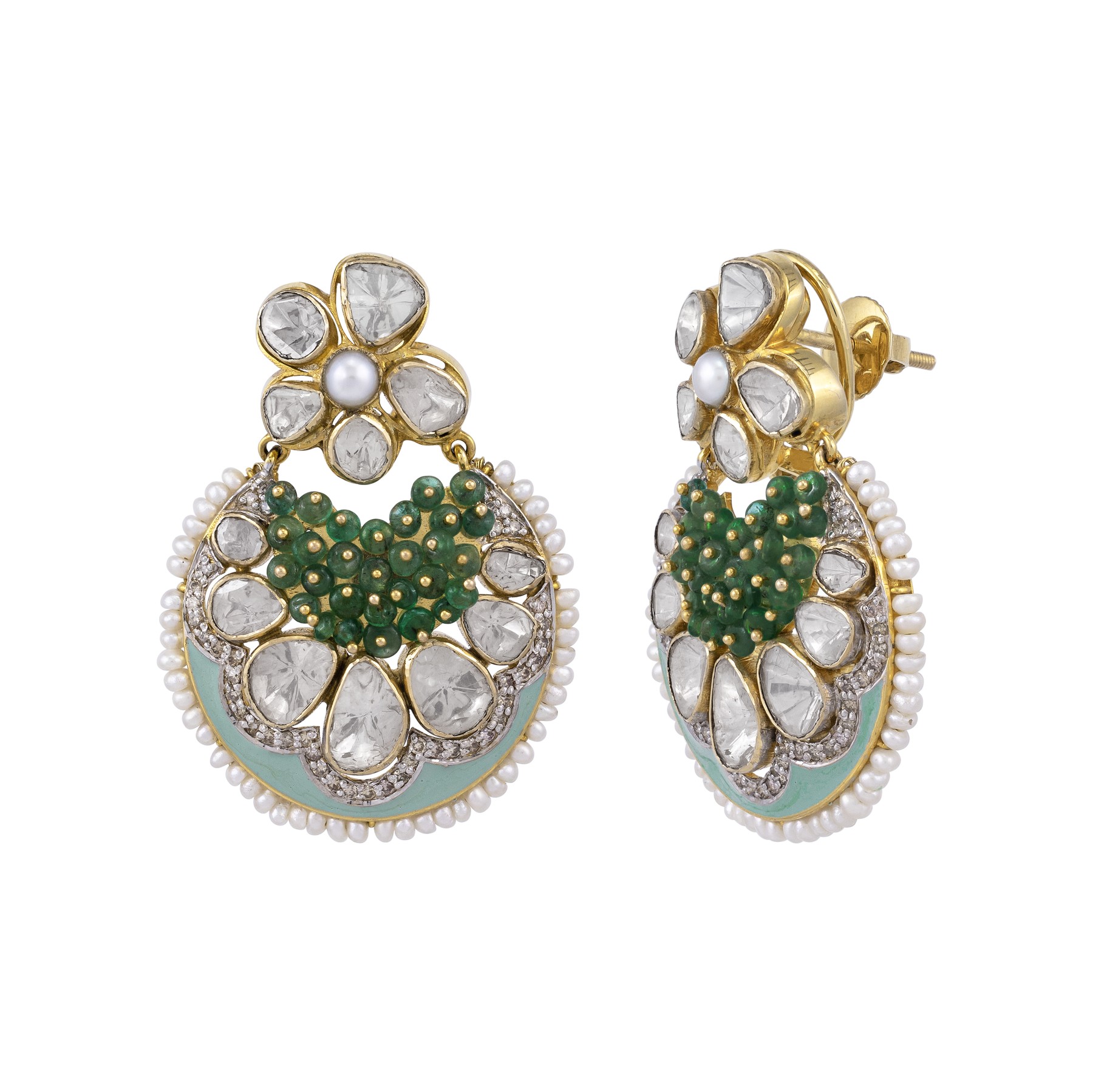 Emerald Bead Cluster Studs with Meenakari