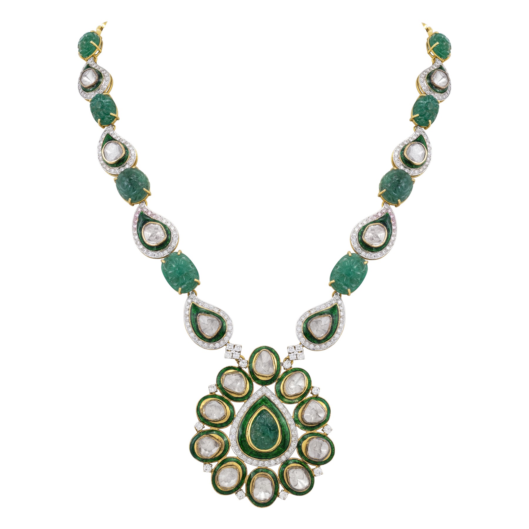 Emerald Bead Polki Necklace with Statement Pendant