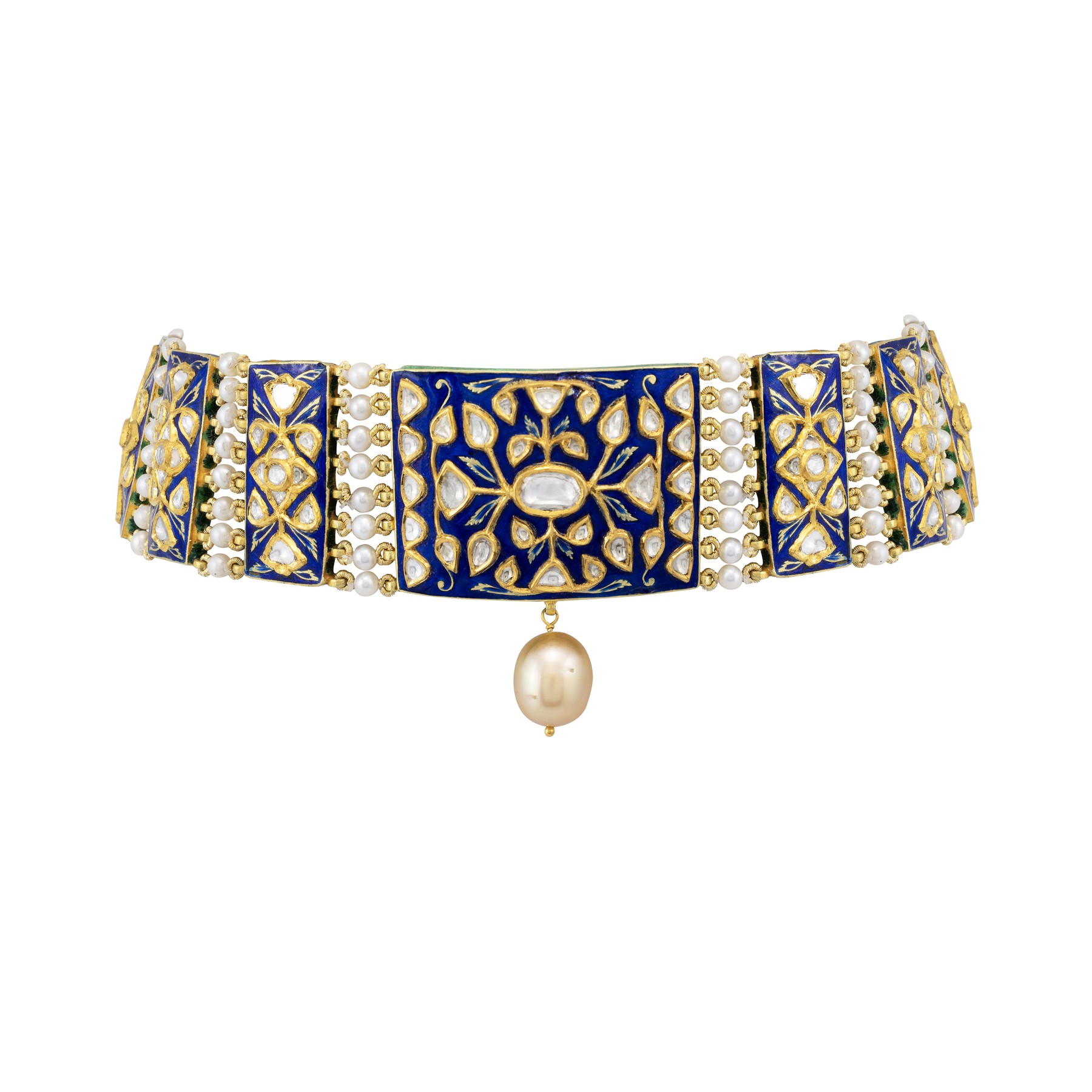 Blue Enamel Polki Choker with Pearl Drop