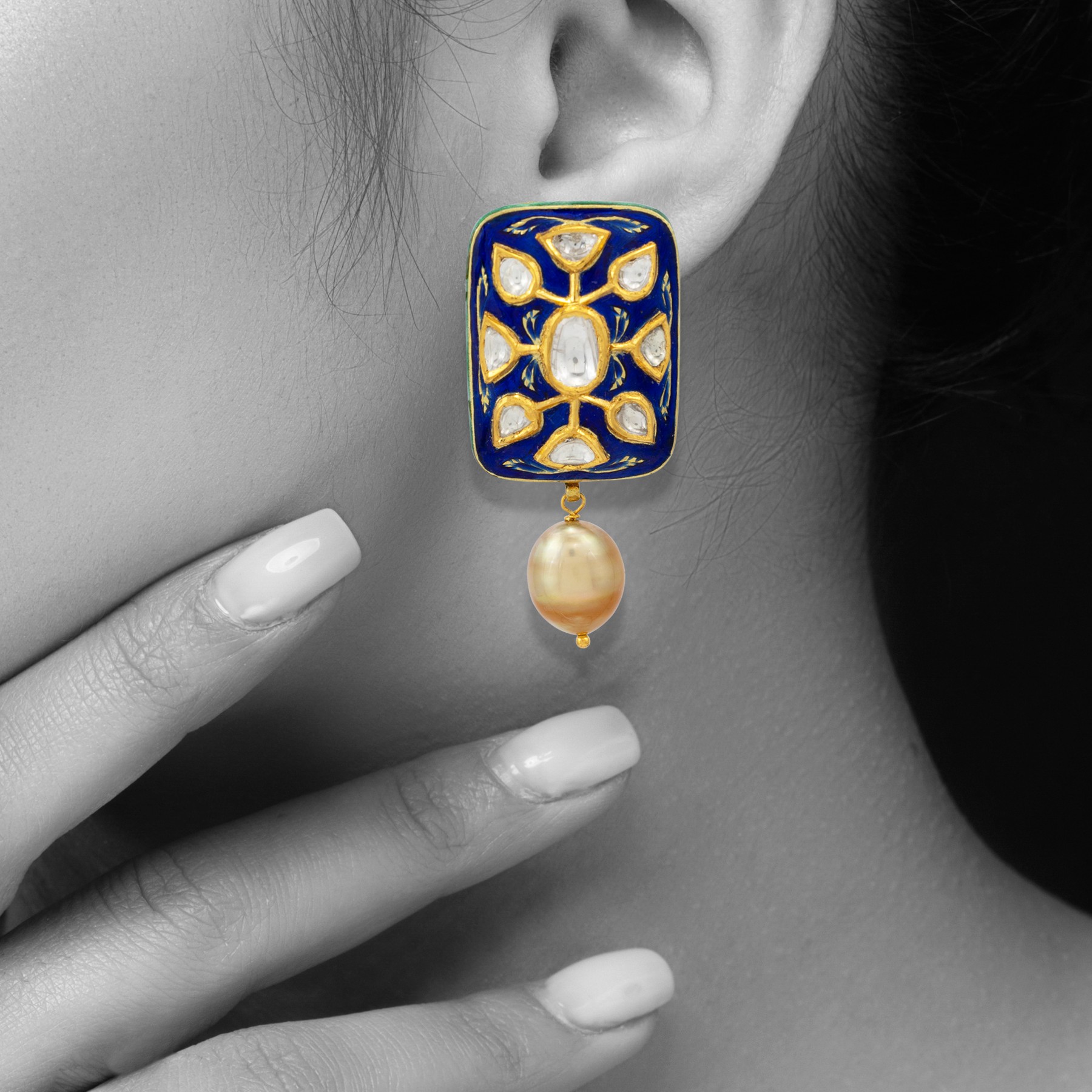 Blue Enamel Polki Studs with South Sea Pearls