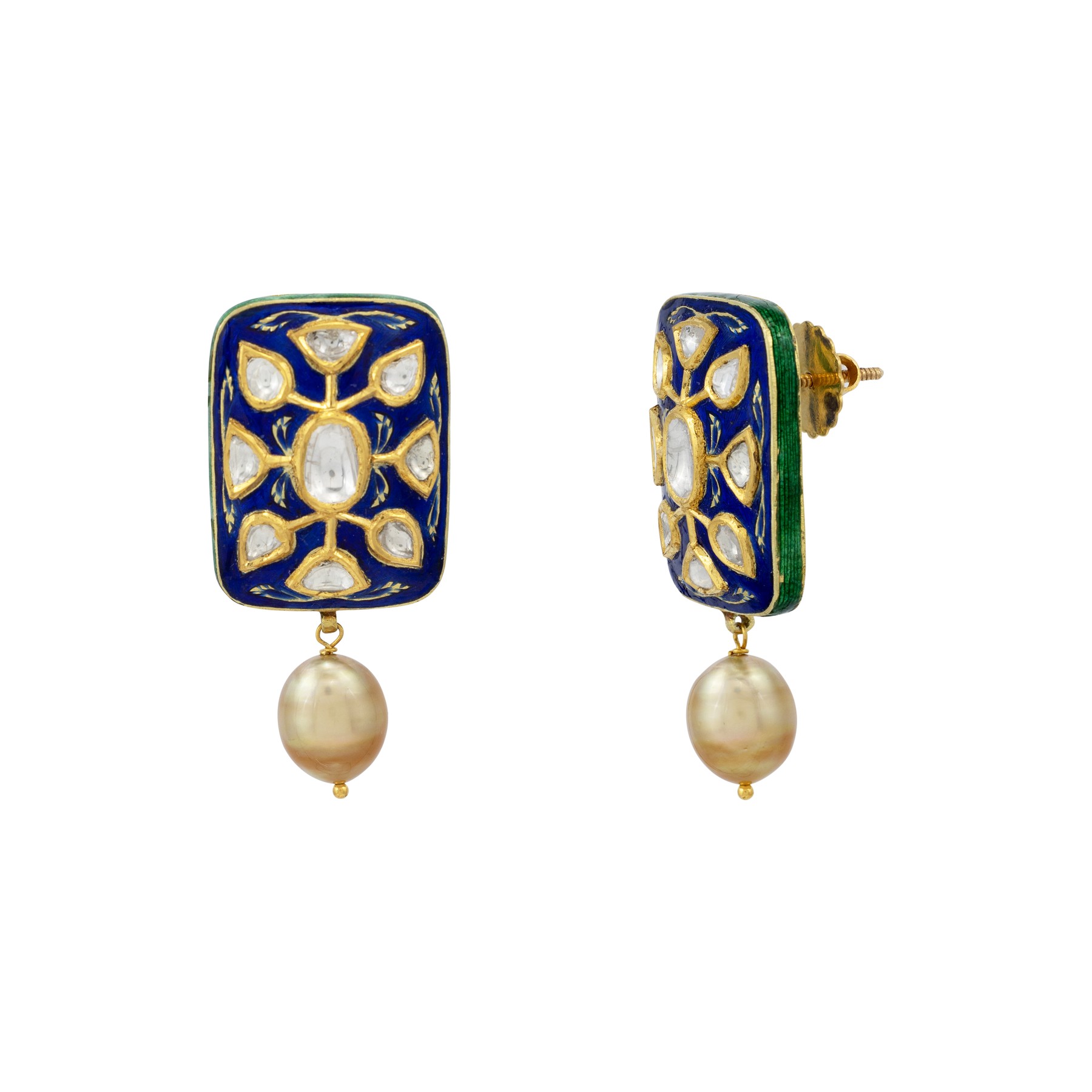 Blue Enamel Polki Studs with South Sea Pearls