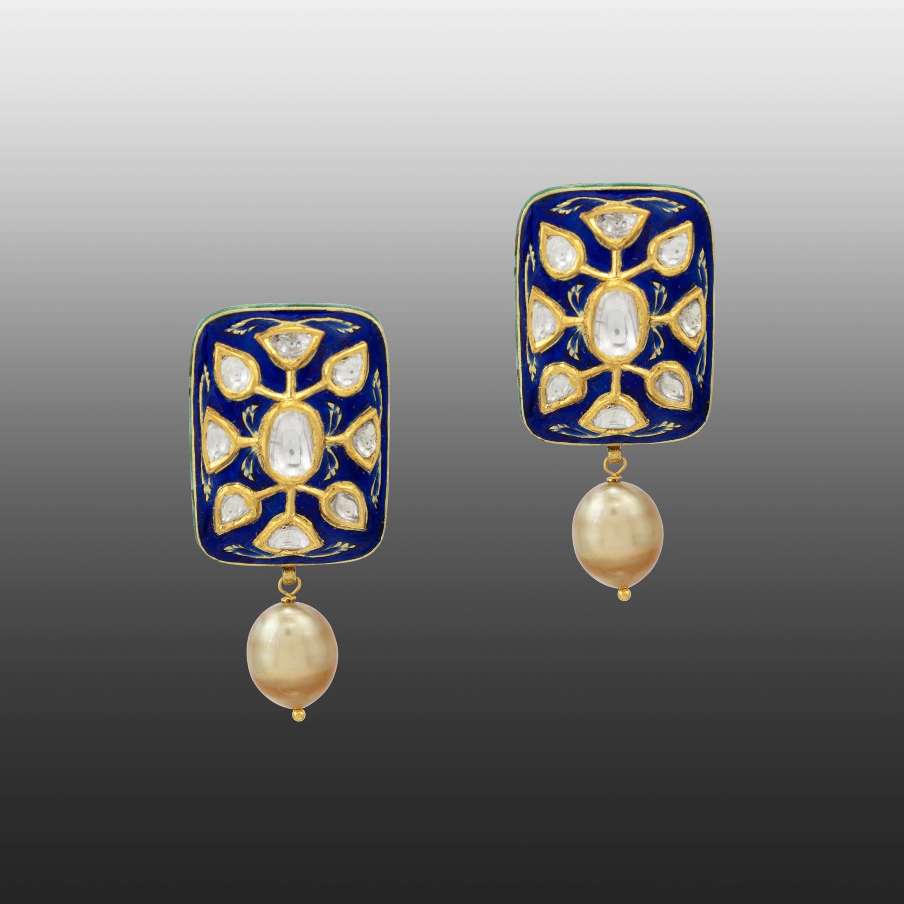 Blue Enamel Polki Studs with South Sea Pearls