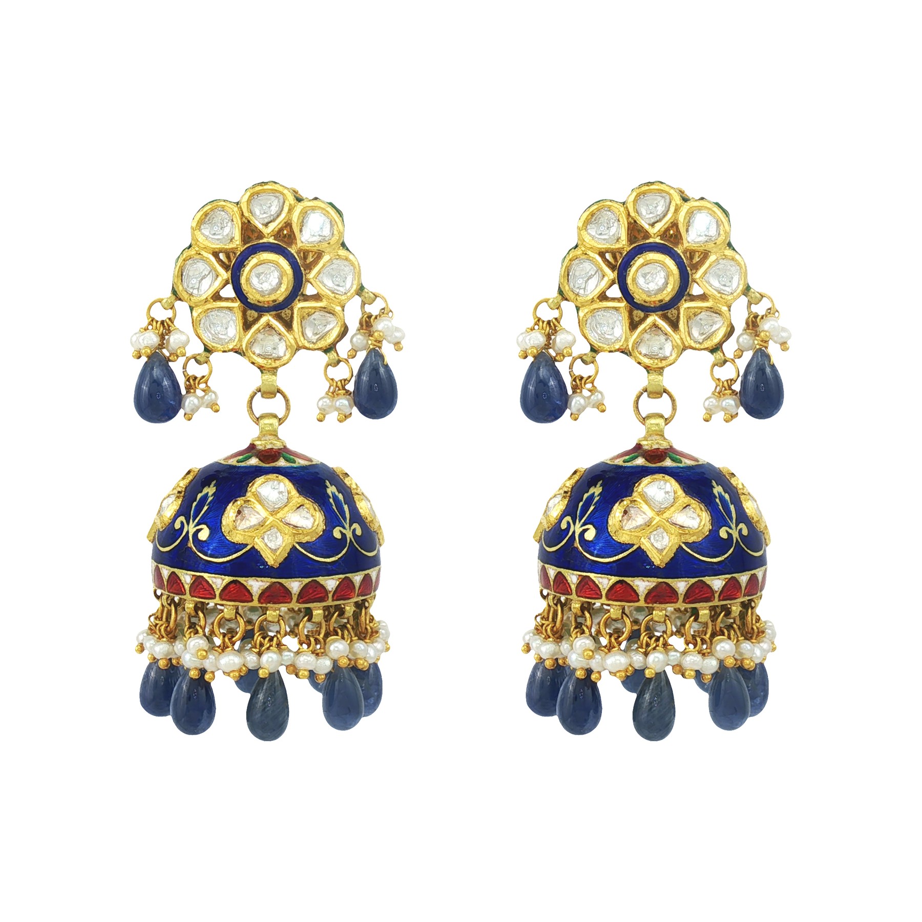 Sapphire Jhumkas with Pearl Detailing
