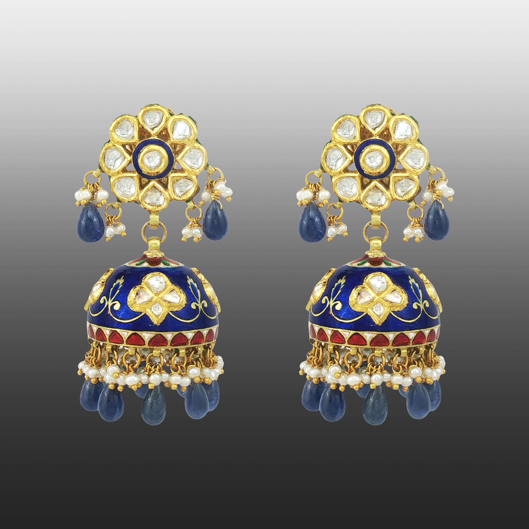 Sapphire Jhumkas with Pearl Detailing