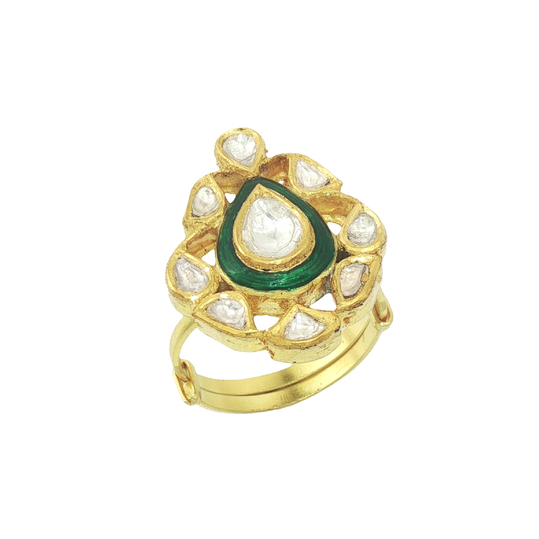 Pear-Shaped Polki Ring with Green Accent