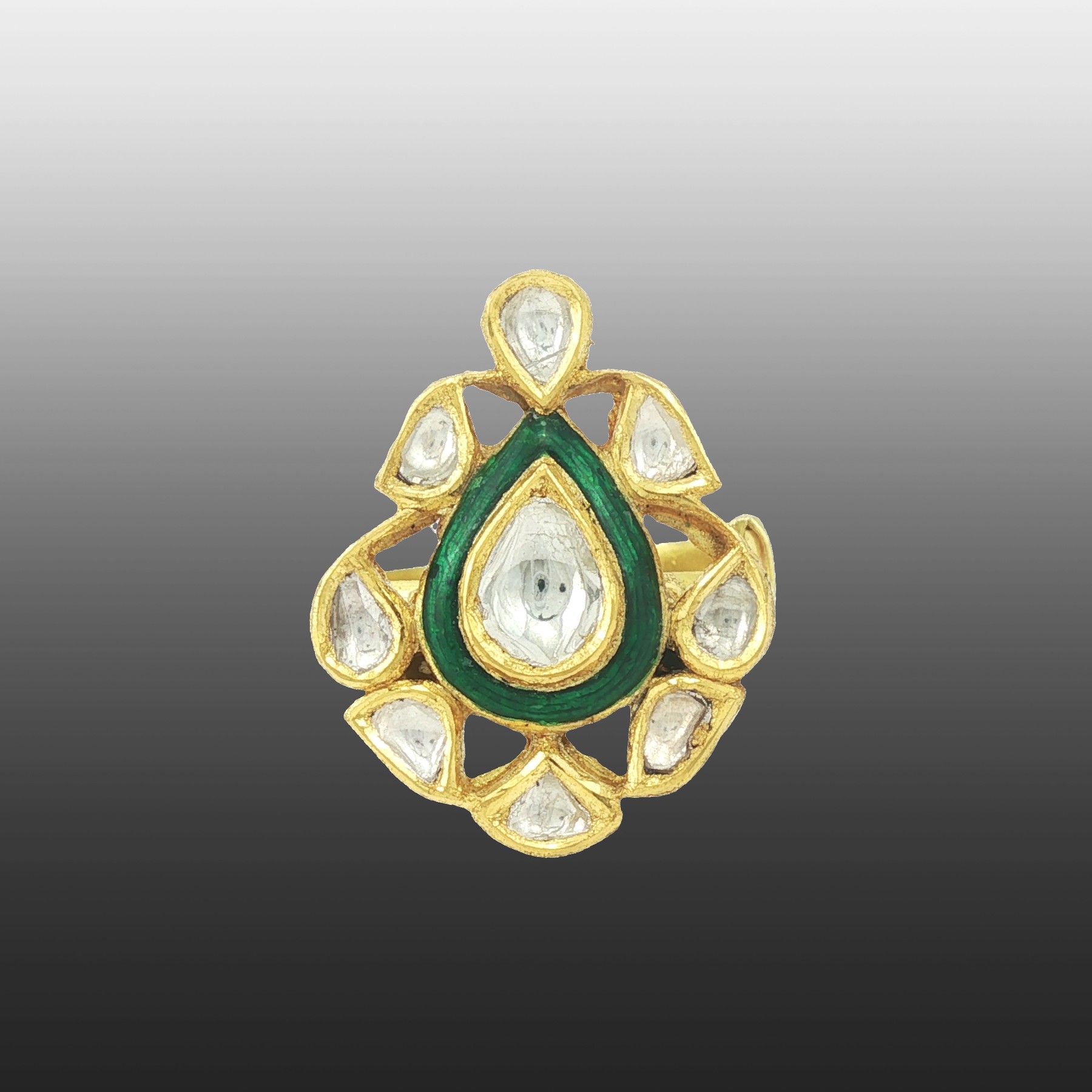 Pear-Shaped Polki Ring with Green Accent