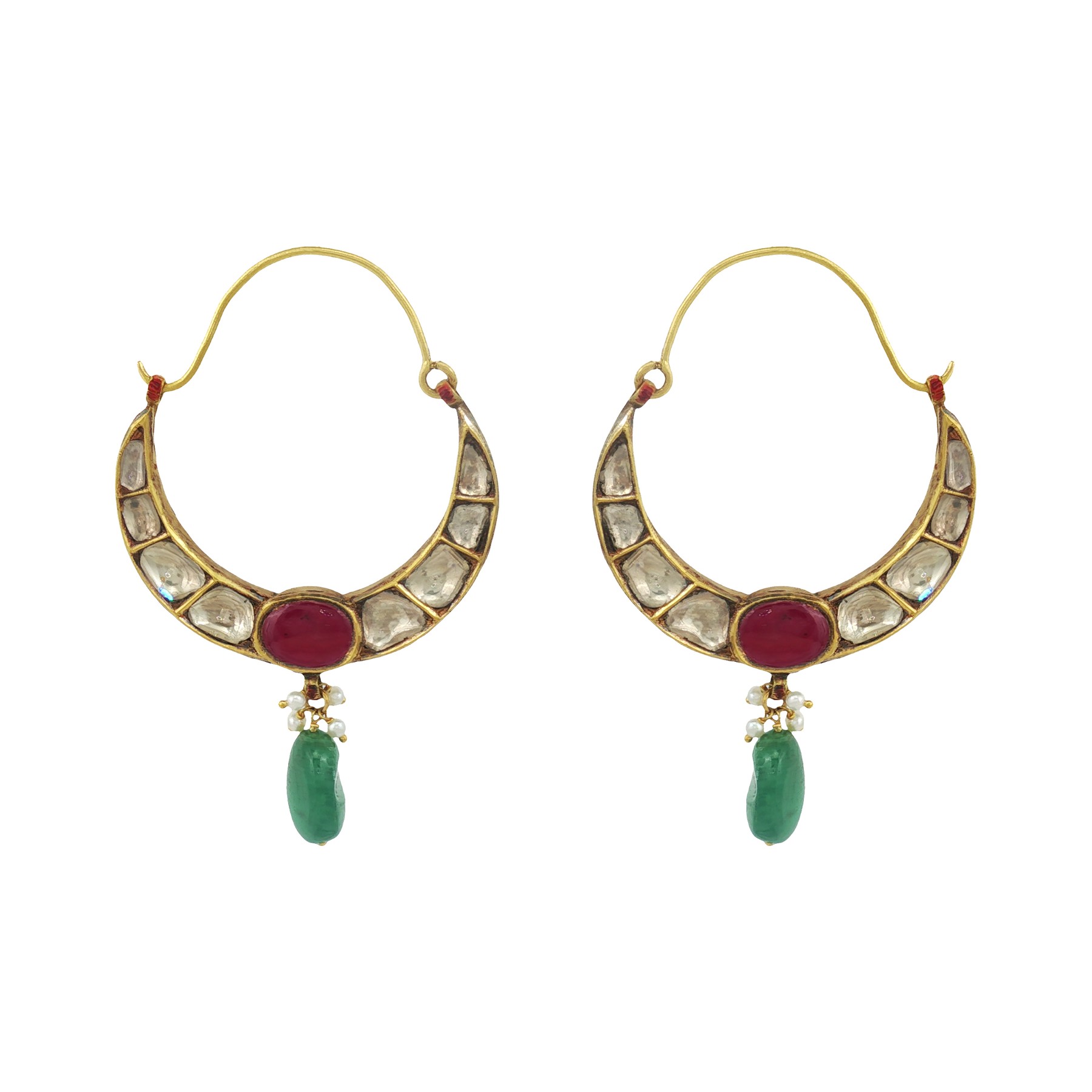 Polki Hoop Earrings with Ruby and Emerald Drop