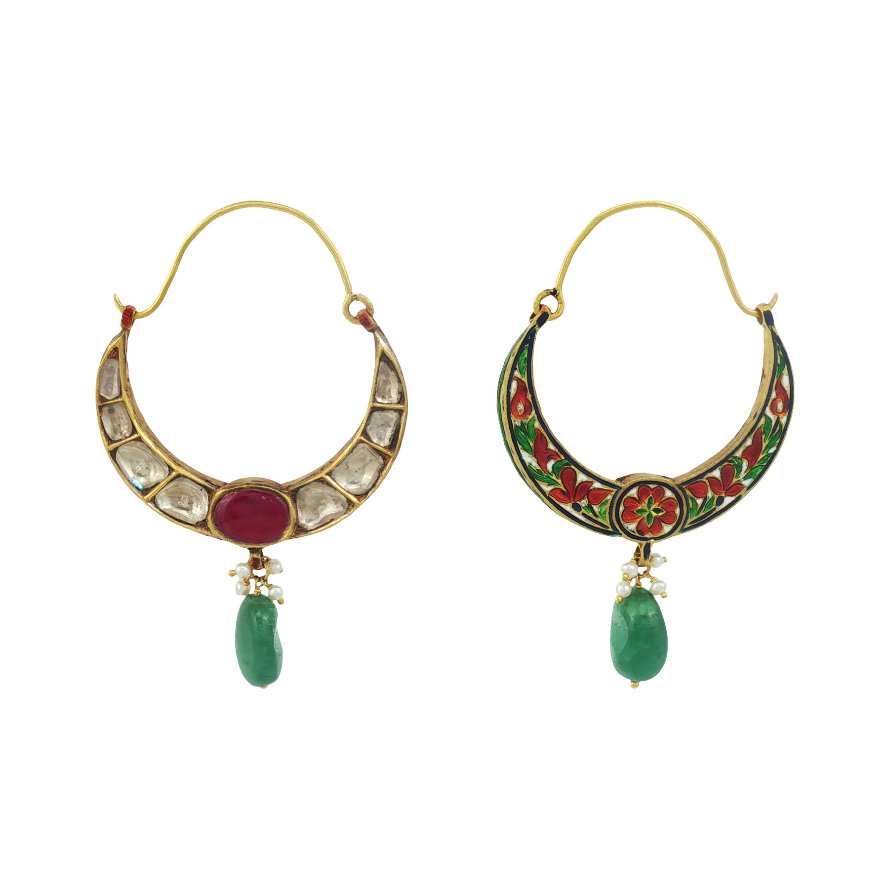 Polki Hoop Earrings with Ruby and Emerald Drop