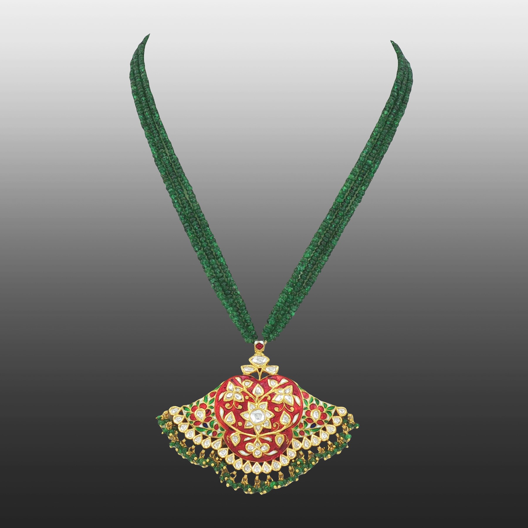 Emerald Bead Necklace with Kundan Pendant