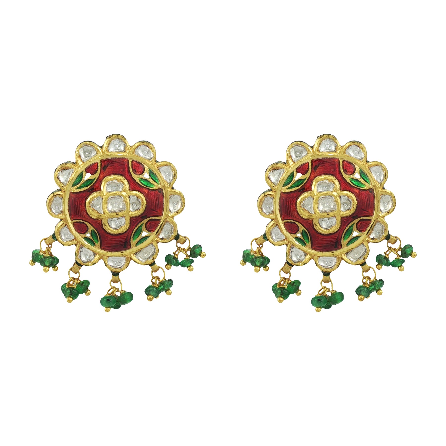 Floral Polki Studs with Green Bead Fringe