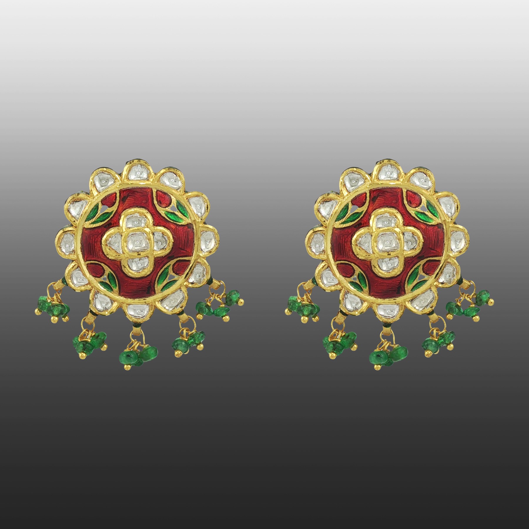 Floral Polki Studs with Green Bead Fringe